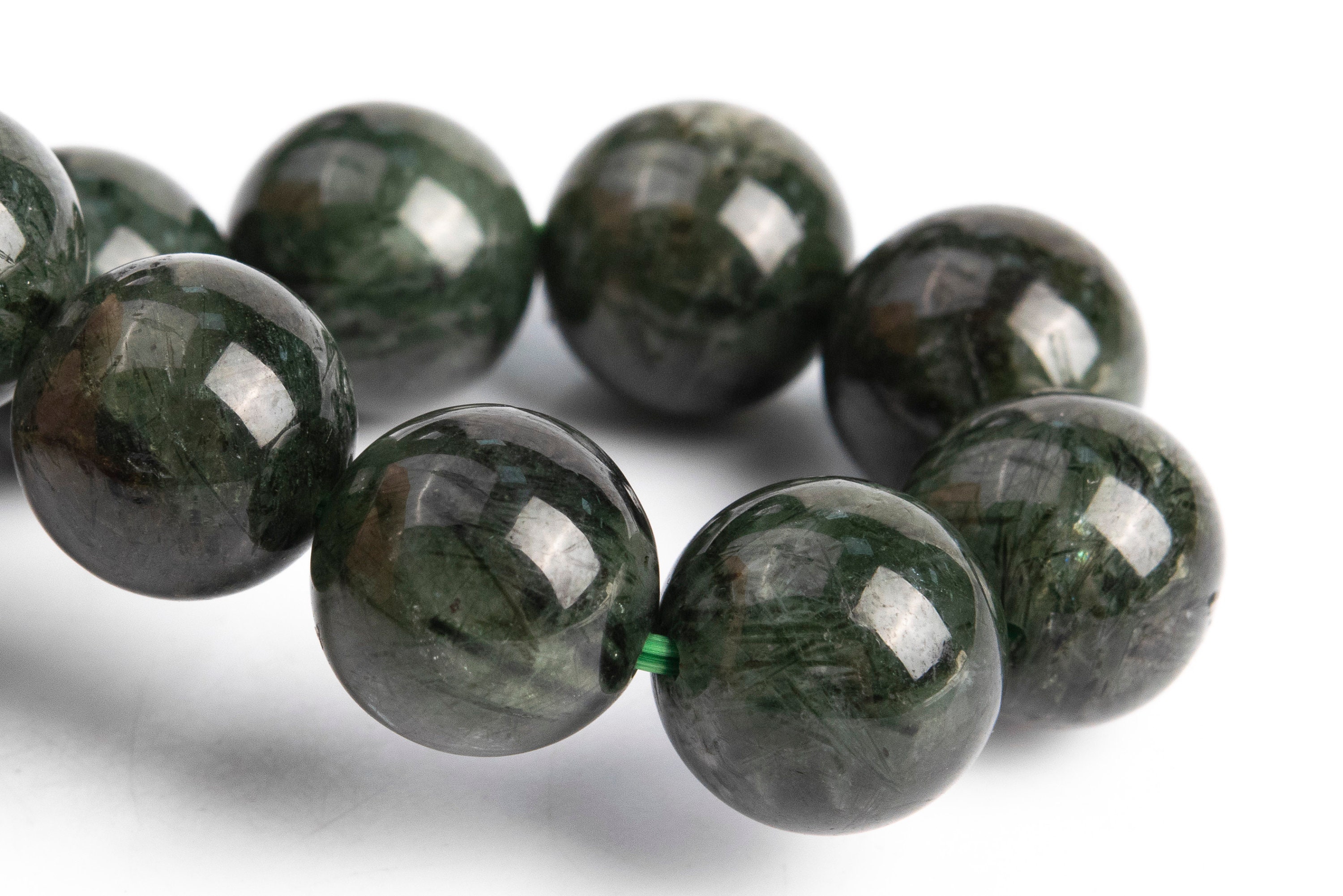 10-11mm Dark Green Rutilated Quartz Beads Bracelet Grade A Genuine Natural Round Gemstone 8" (117100h-3774)