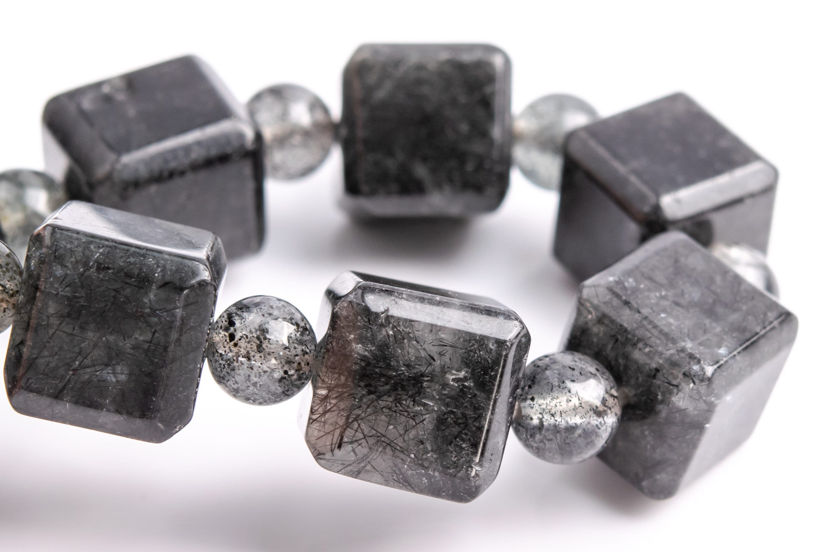 10mm Black Rutilated Quartz Beads Beveled Edge Faceted Cube Bracelet Grade A Genuine Natural Gemstone 7.5" (117878h-3983)