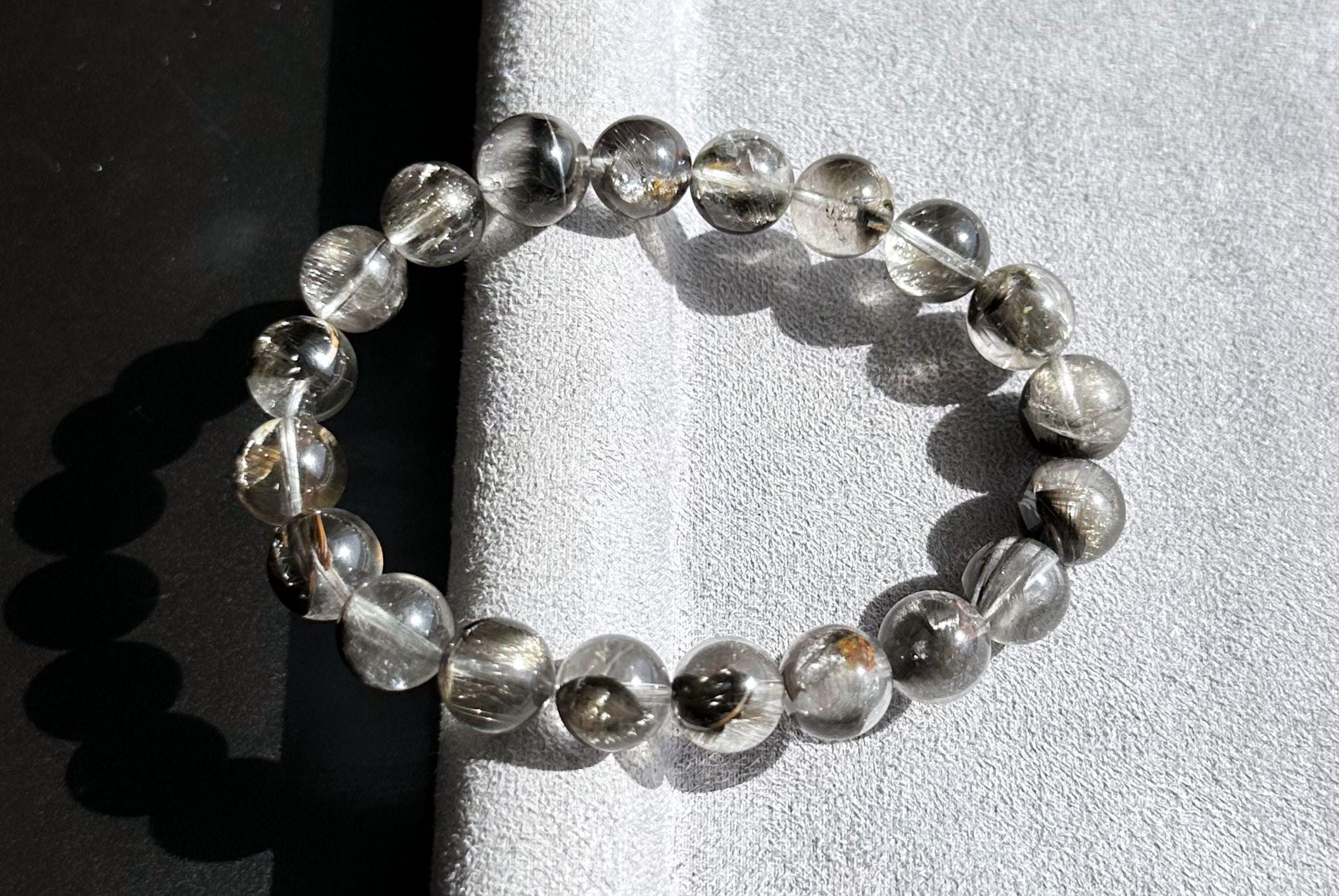 10mm, Certified Rare Natural Top Grade Black Brookite Rutilated Quartz Beads Bracelet, Silver Brookite In Quartz Bracelet, 收藏级黑银钛晶手串