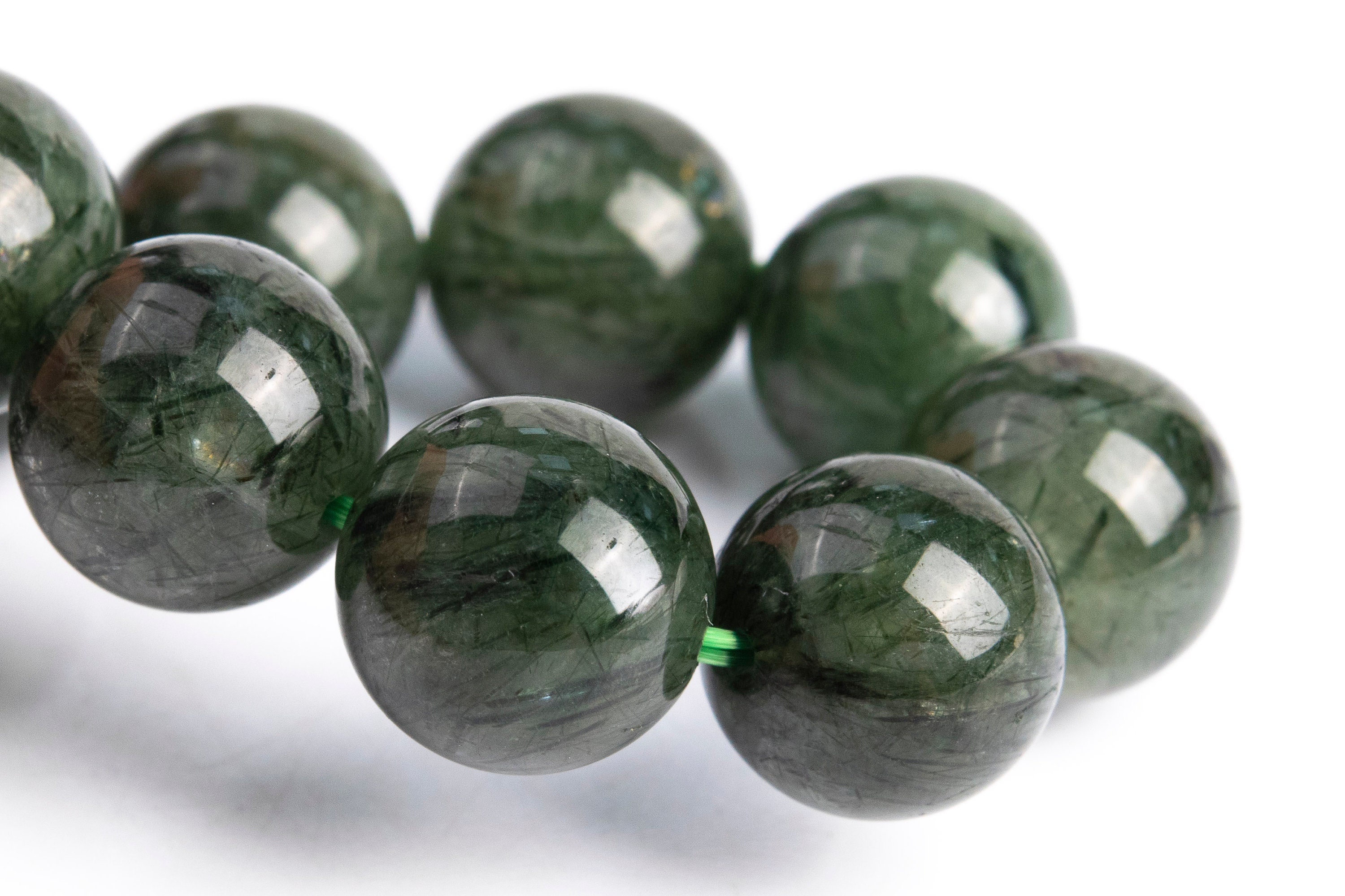 11-12mm Deep Green Rutilated Quartz Beads Bracelet Grade Aa Genuine Natural Round Gemstone 8" (117109h-3745)