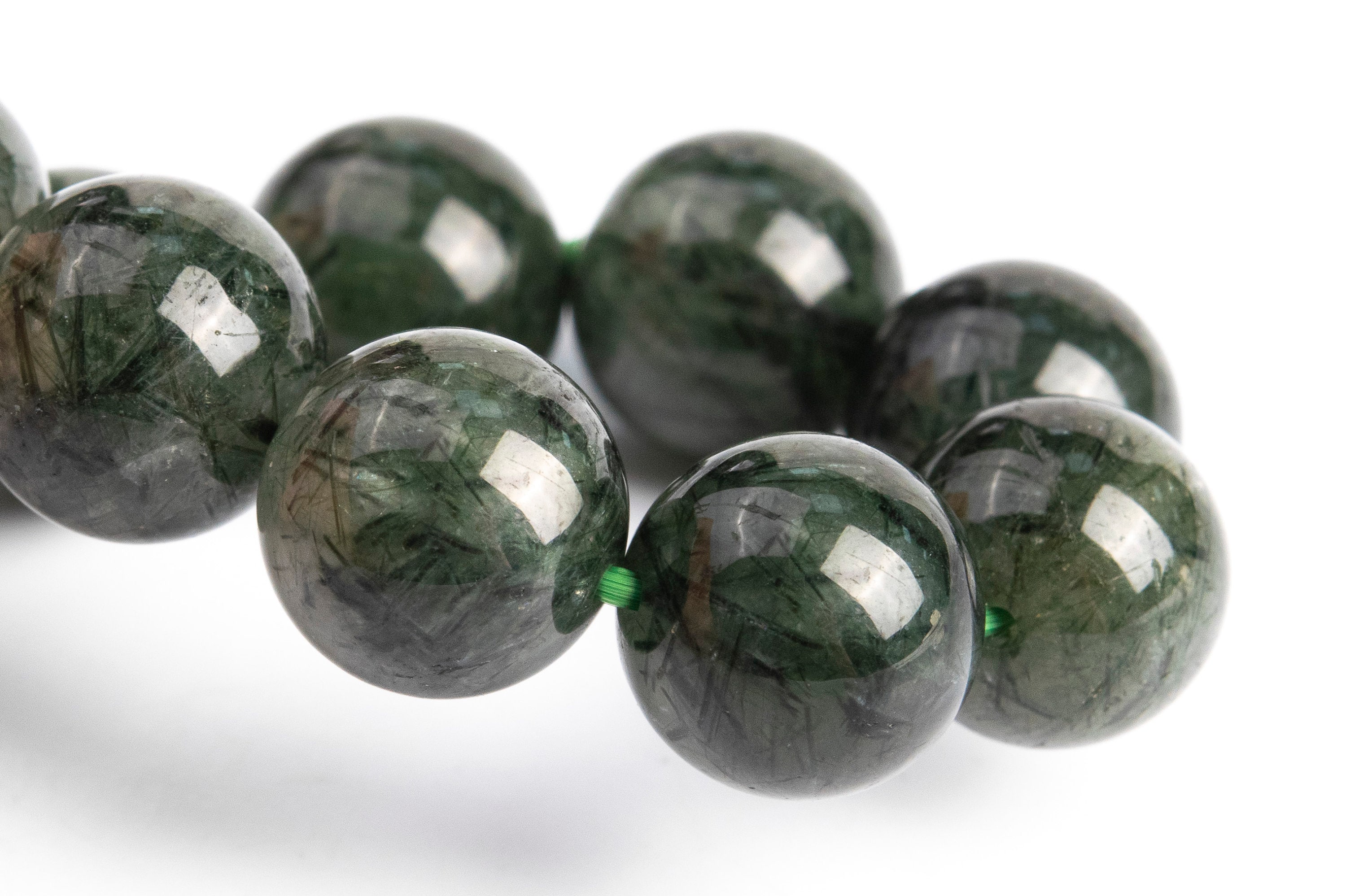 11mm Dark Green Rutilated Quartz Beads Bracelet Grade A+ Genuine Natural Round Gemstone 7.5" (117102h-3745)