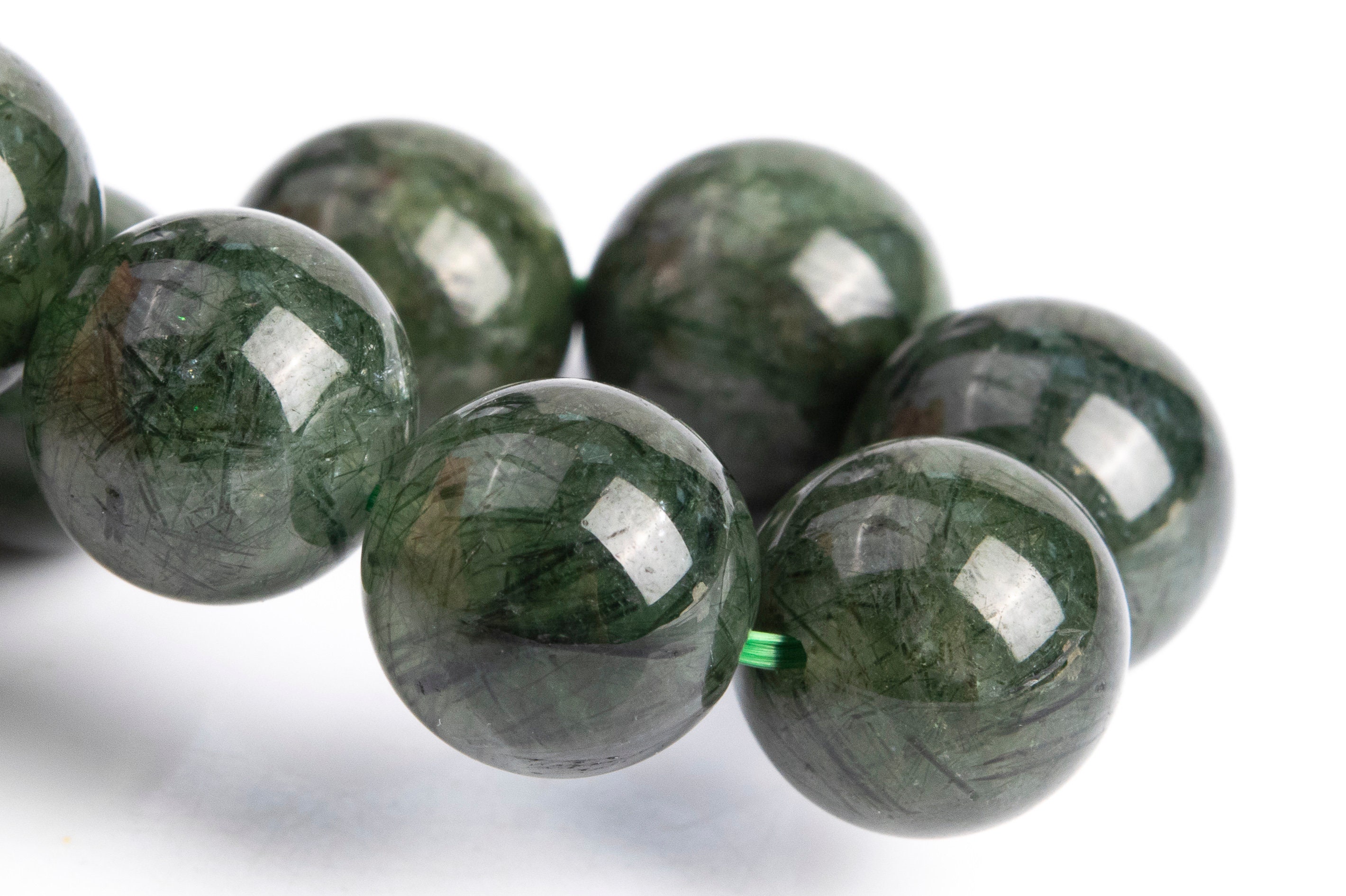 12mm Dark Green Rutilated Quartz Beads Bracelet Grade Aa Genuine Natural Round Gemstone 8" (117113h-3745)