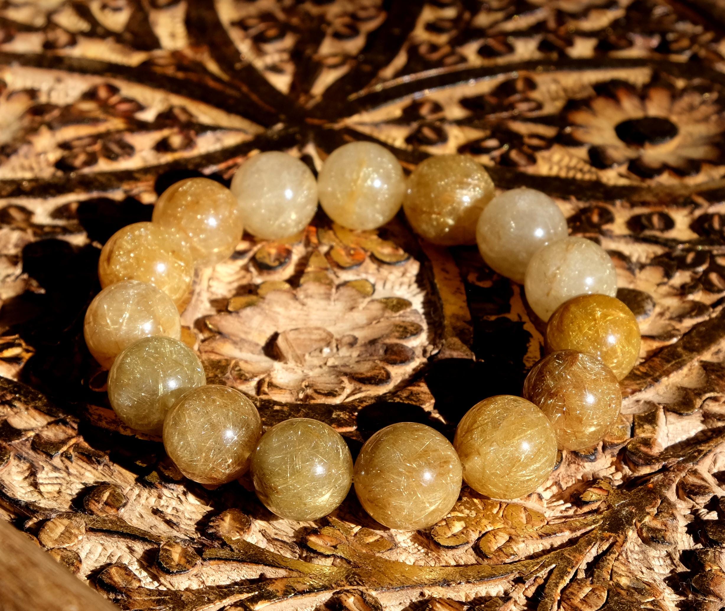 14mm Gold Rutile Quartz Stretch Rare Bracelet Natural Crystal Wealth, Happiness, Protection