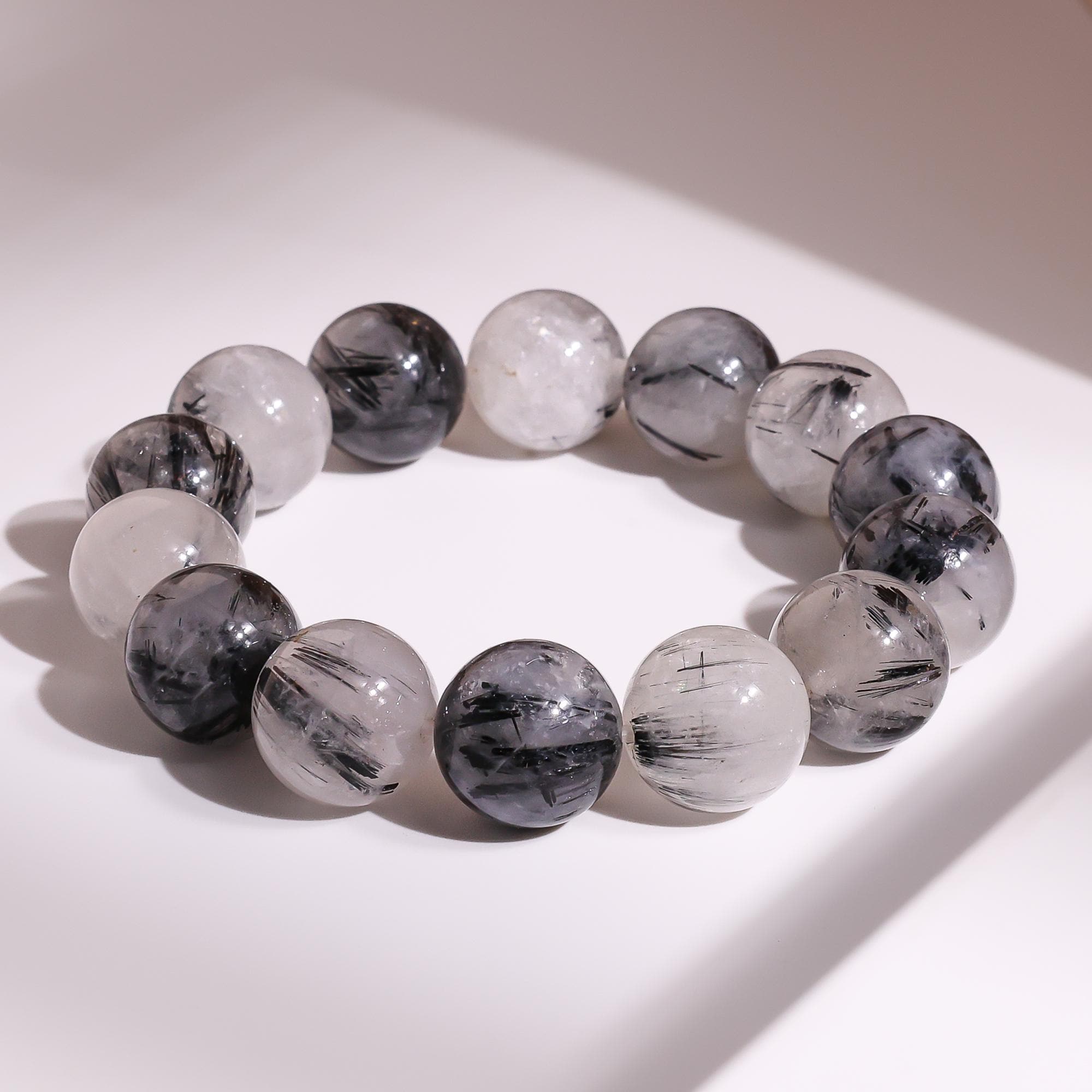 15mm Genuine Natural Rutilated Quartz Black & White Round Big Size Beads Gemstone Bracelet For Man And Woman