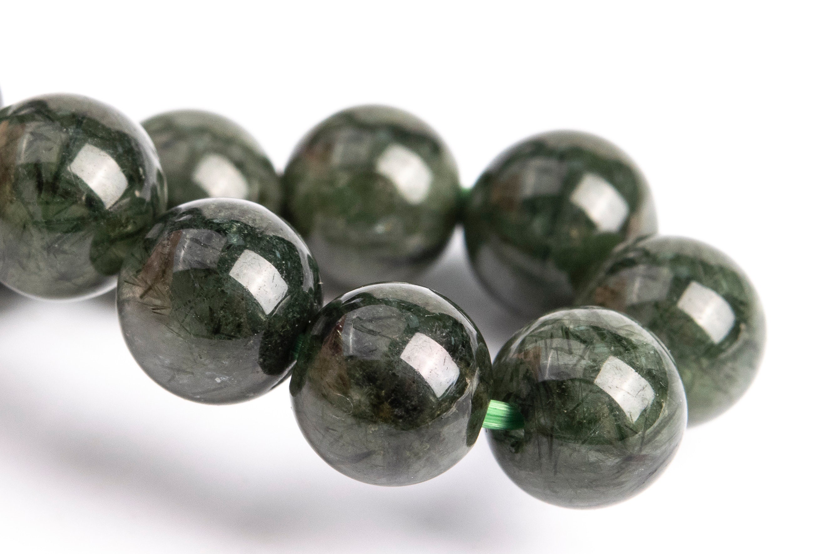 7mm Dark Green Rutilated Quartz Beads Bracelet Grade A+ Genuine Natural Round Gemstone 7" (117071h-3088)