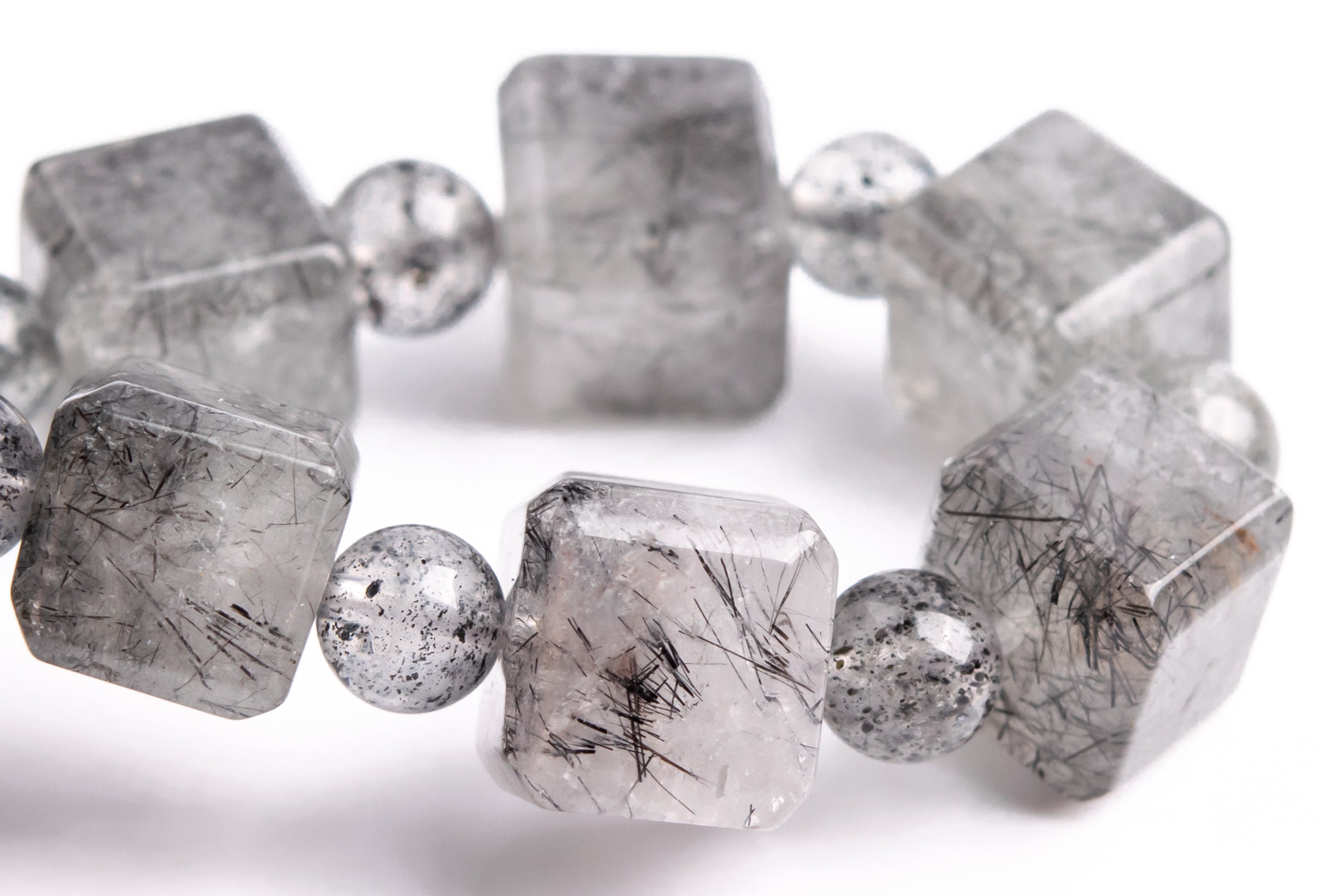 8-9mm Black Rutilated Quartz Beads Beveled Edge Faceted Cube Bracelet Grade A Genuine Natural Gemstone 7.5" (117866h-3982)