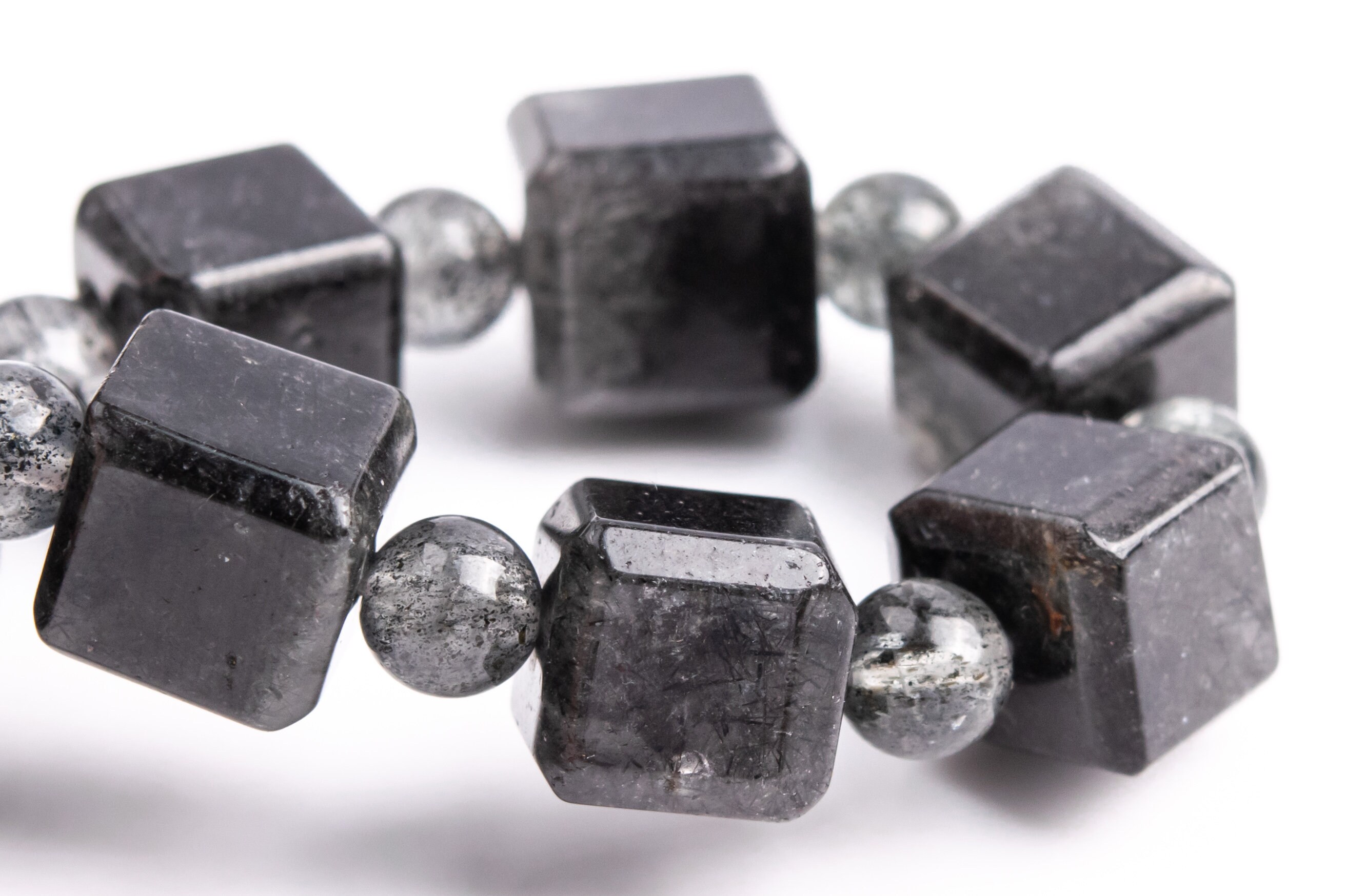 8-9mm Black Rutilated Quartz Beads Beveled Edge Faceted Cube Bracelet Grade A Genuine Natural Gemstone 7.5" (117870h-3982)