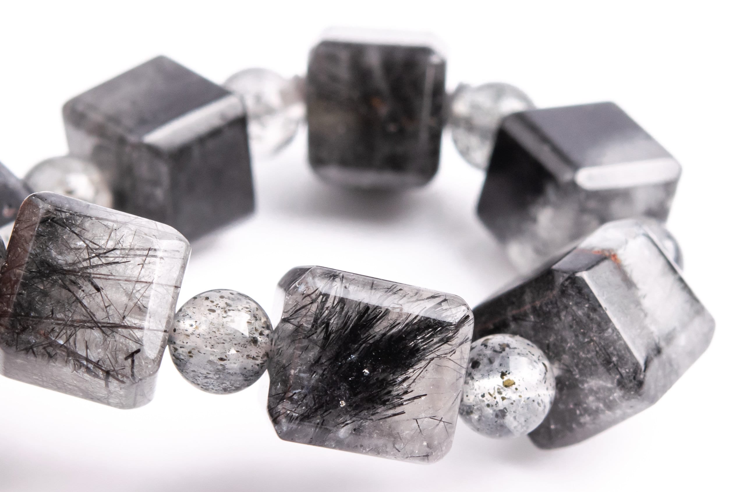 8-9mm Black Rutilated Quartz Beads Beveled Edge Faceted Cube Bracelet Grade A Genuine Natural Gemstone 7.5" (117869h-3982)