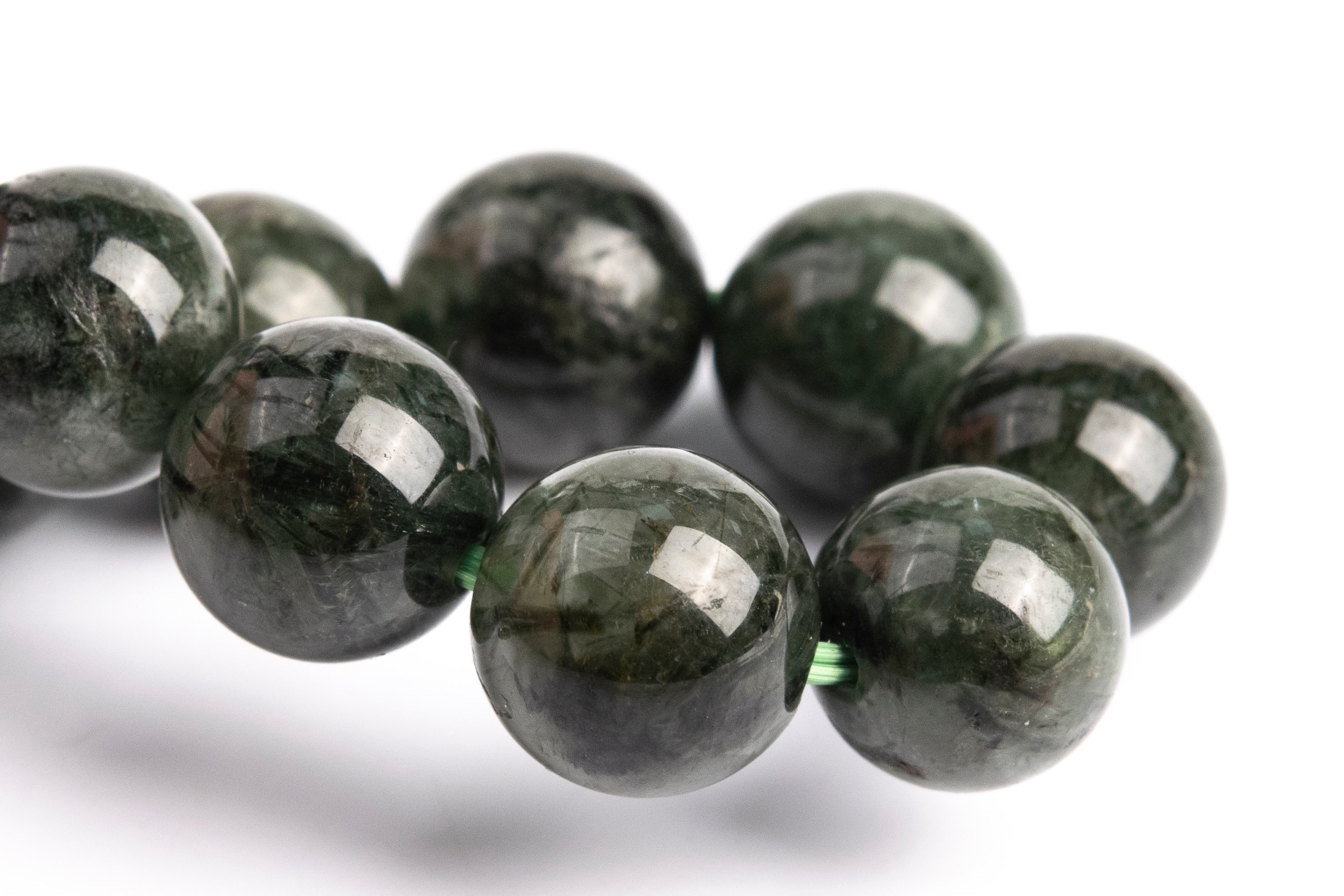 8-9mm Dark Green Rutilated Quartz Beads Bracelet Grade A Genuine Natural Round Gemstone 7" (117081h-3088)