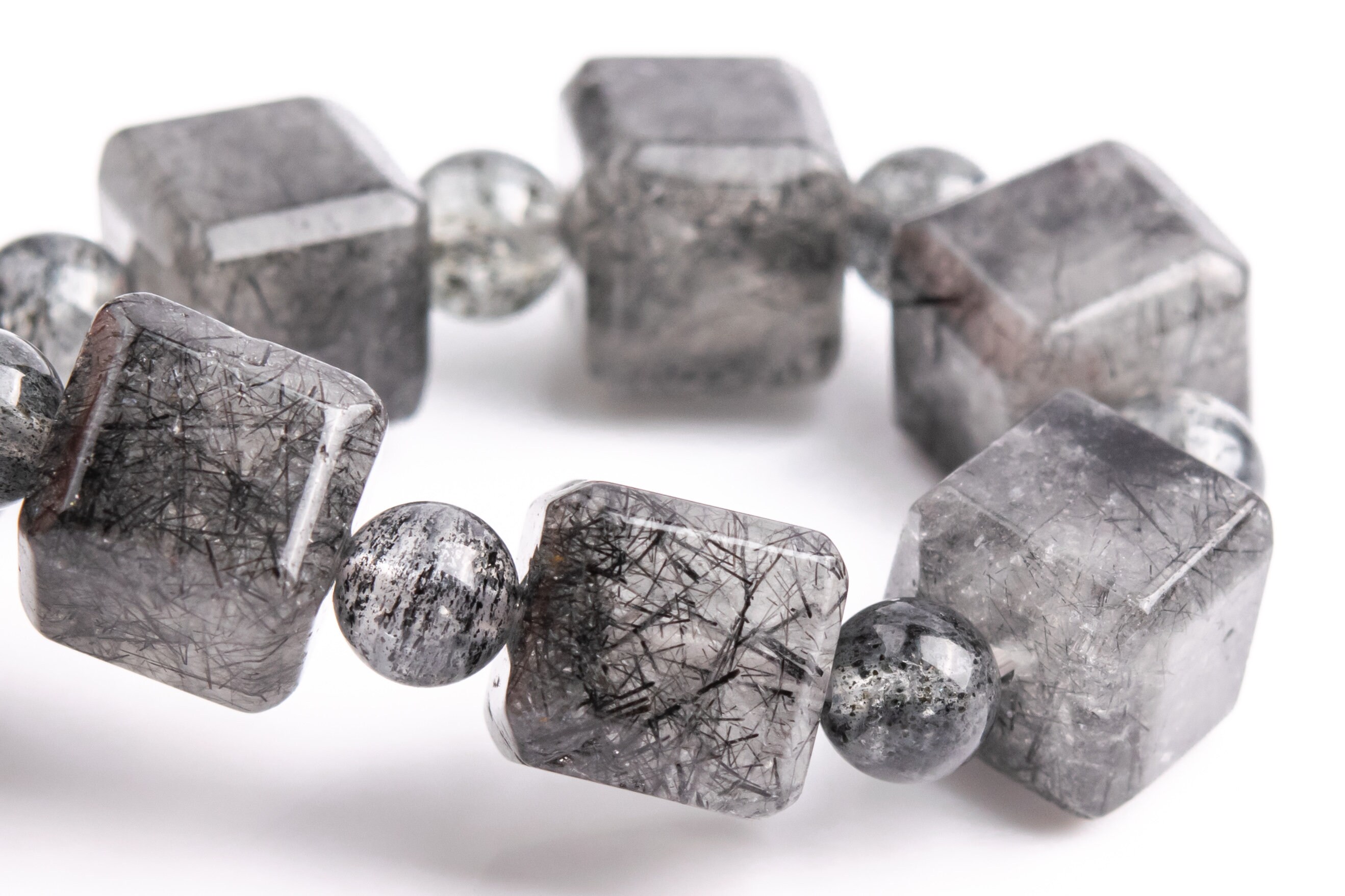 9-10mm Black Rutilated Quartz Beads Beveled Edge Faceted Cube Bracelet Grade A Genuine Natural Gemstone 7.5" (117871h-3982)