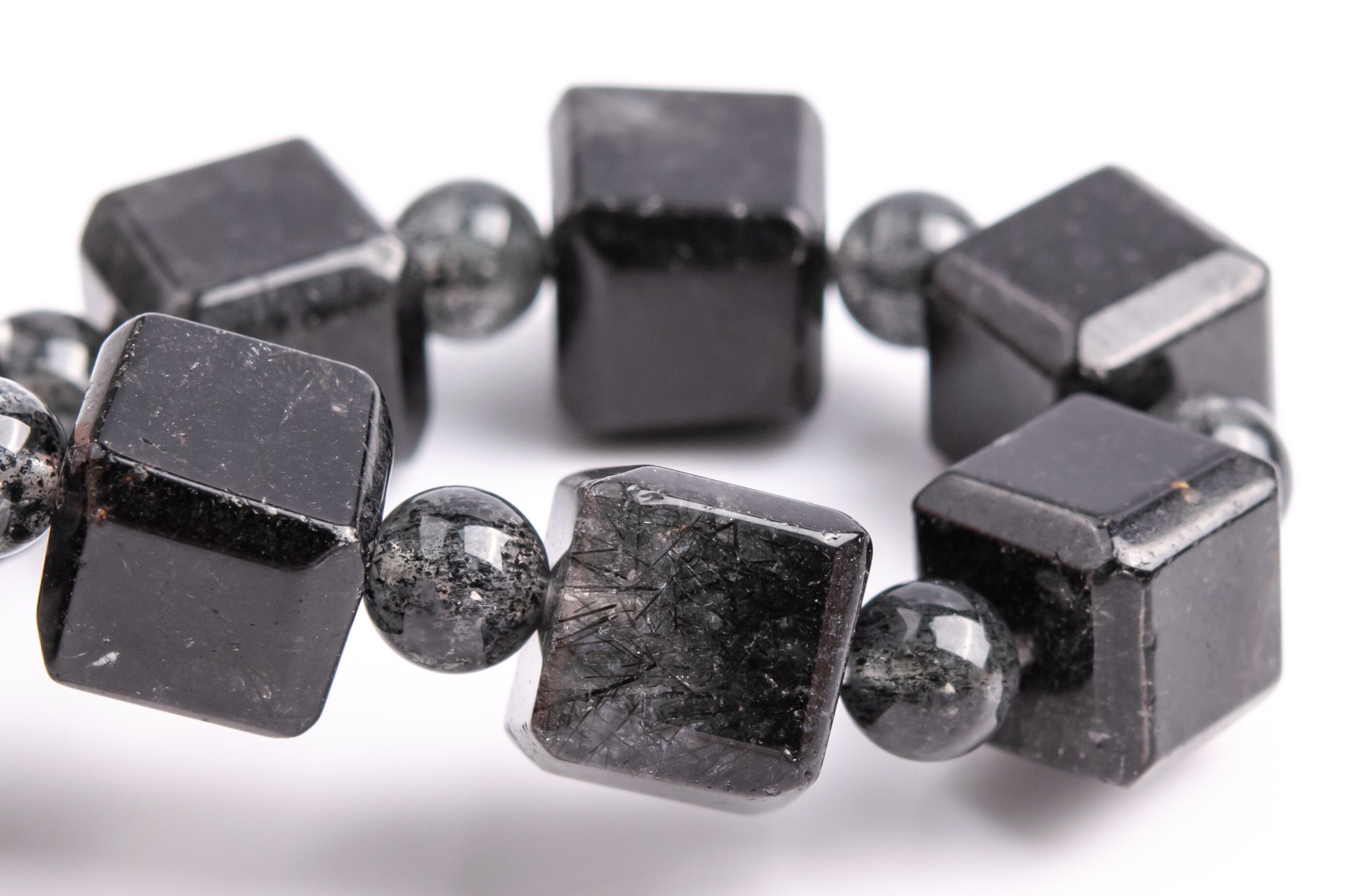 9-10mm Black Rutilated Quartz Beads Beveled Edge Faceted Cube Bracelet Grade A Genuine Natural Gemstone 7.5" (117874h-3983)
