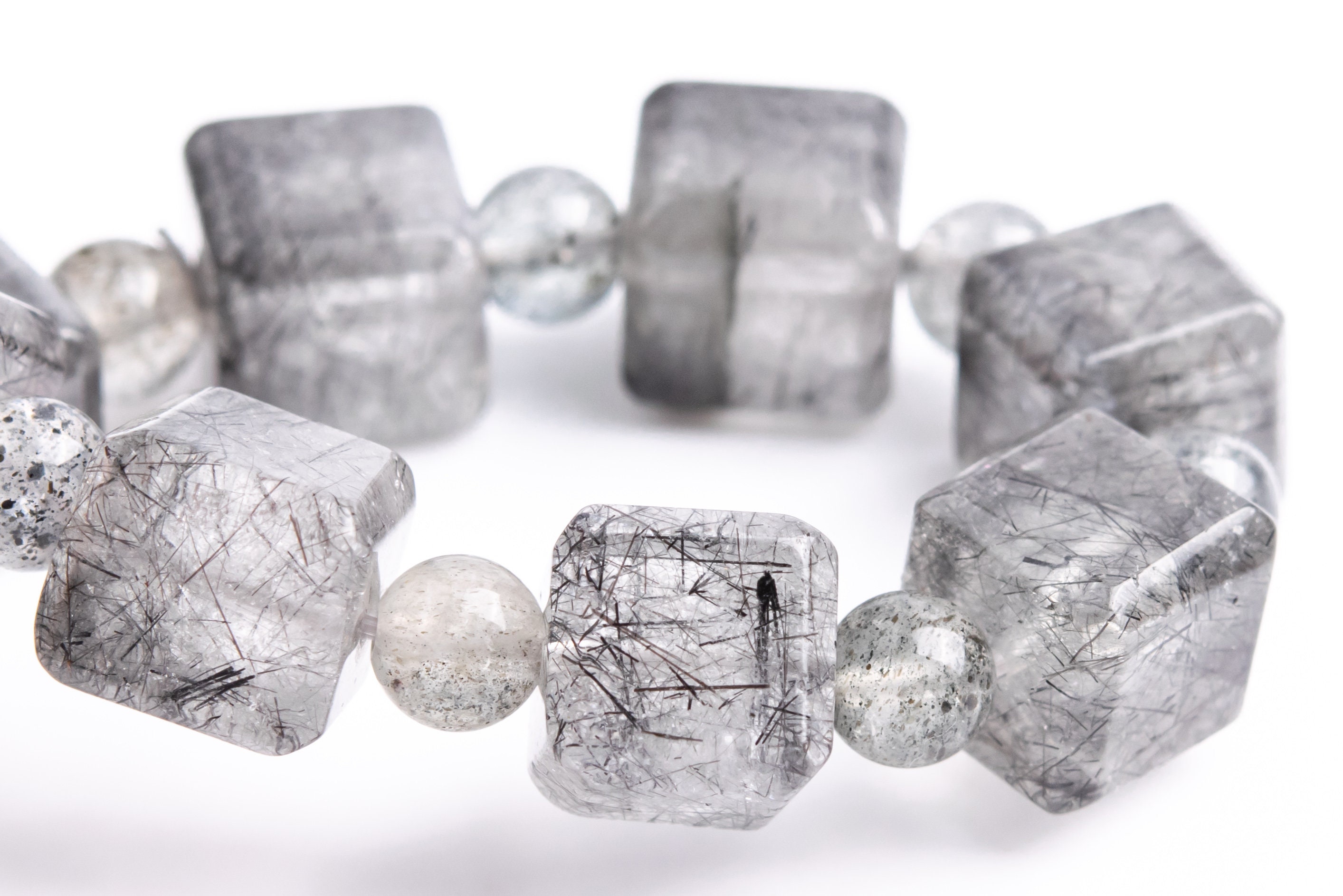 9-10mm Black Rutilated Quartz Beads Beveled Edge Faceted Cube Bracelet Grade A Genuine Natural Gemstone 7.5" (117872h-3982)