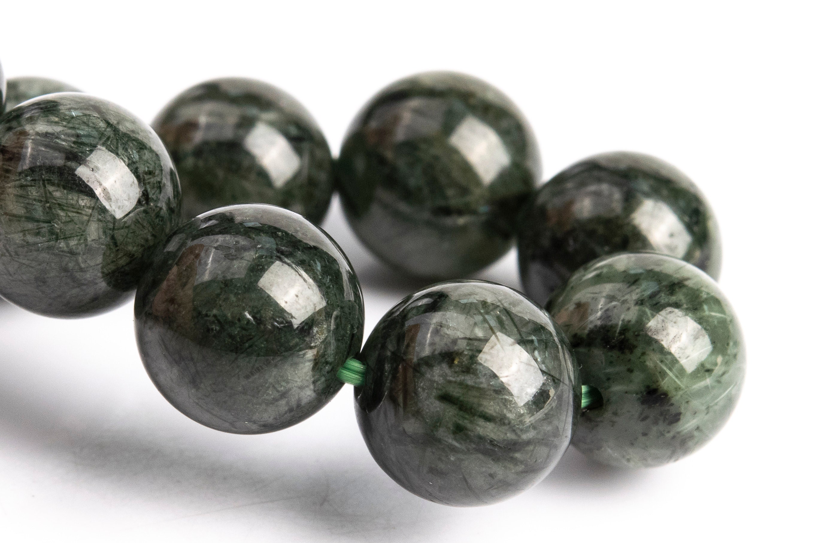9mm Dark Green Rutilated Quartz Beads Bracelet Grade A Genuine Natural Round Gemstone 7" (117086h-3088)