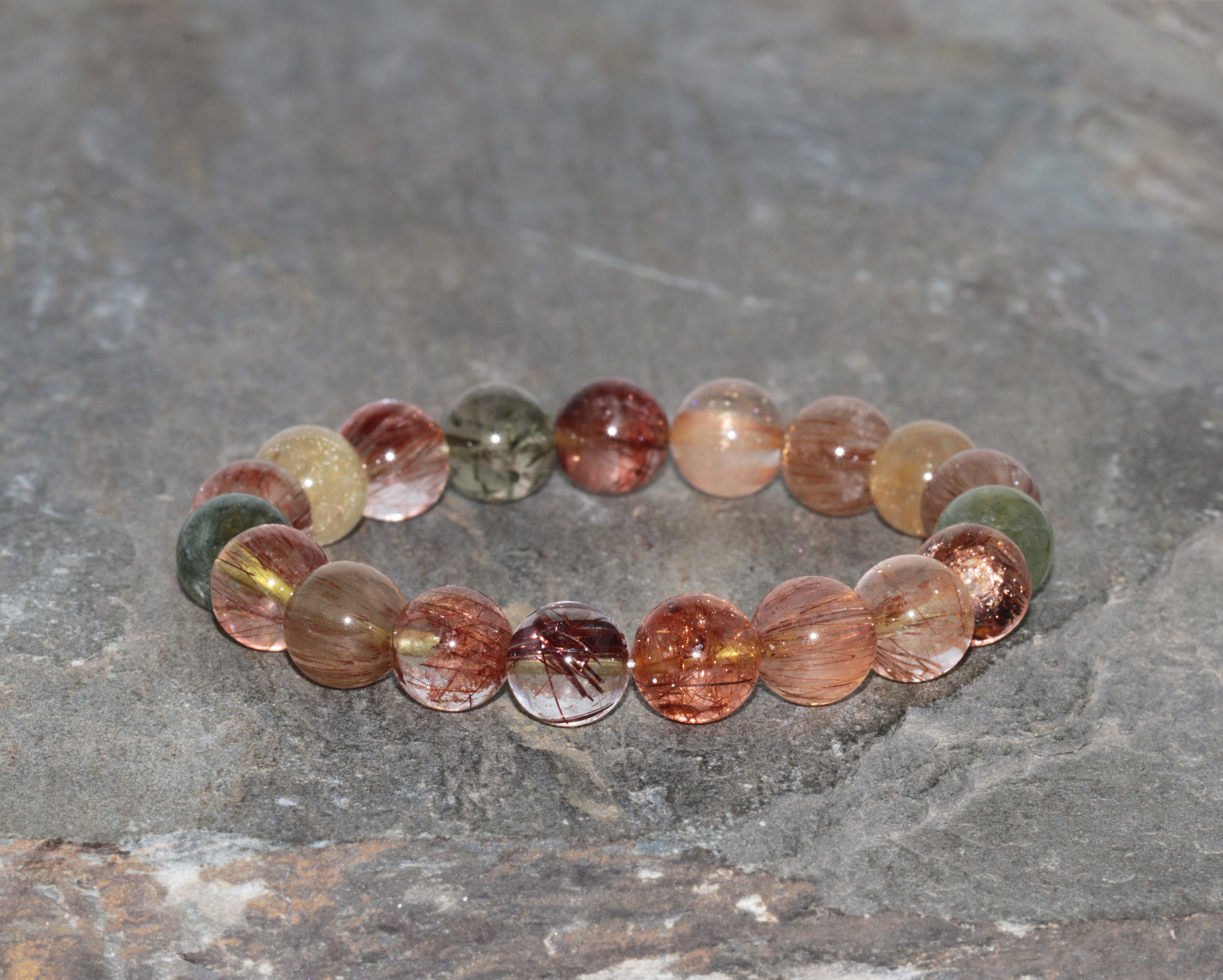 Chunky Multicolour Rutile Quartz Bracelet, 9.5mm Brown Rutilated Quartz, Beaded Gemstone Bracelet, Stacking Bracelet, Unisex Gift Bracelet