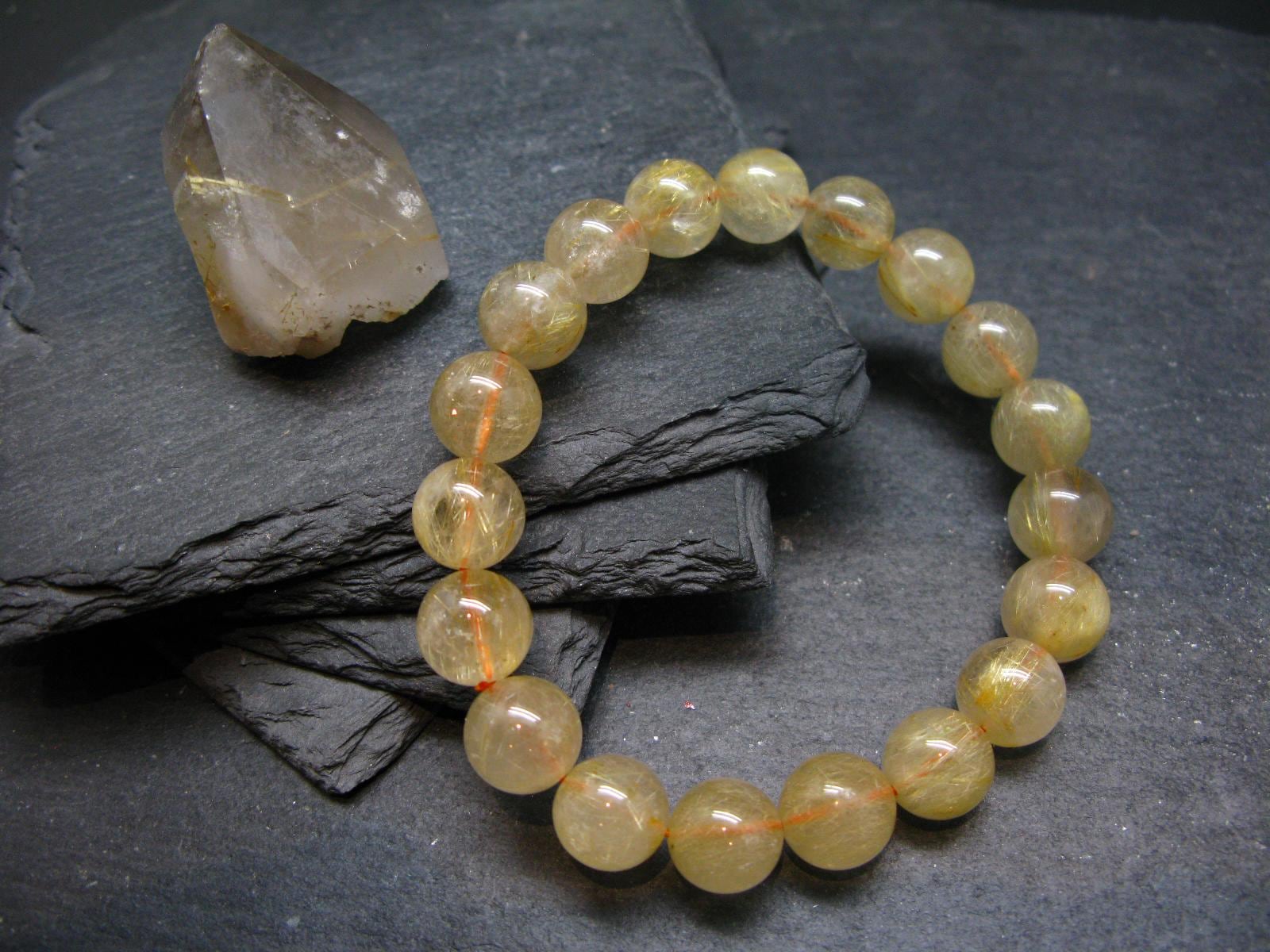 Rutilated Quartz Genuine Bracelet ~ 7 Inches  ~ 11mm Round Beads