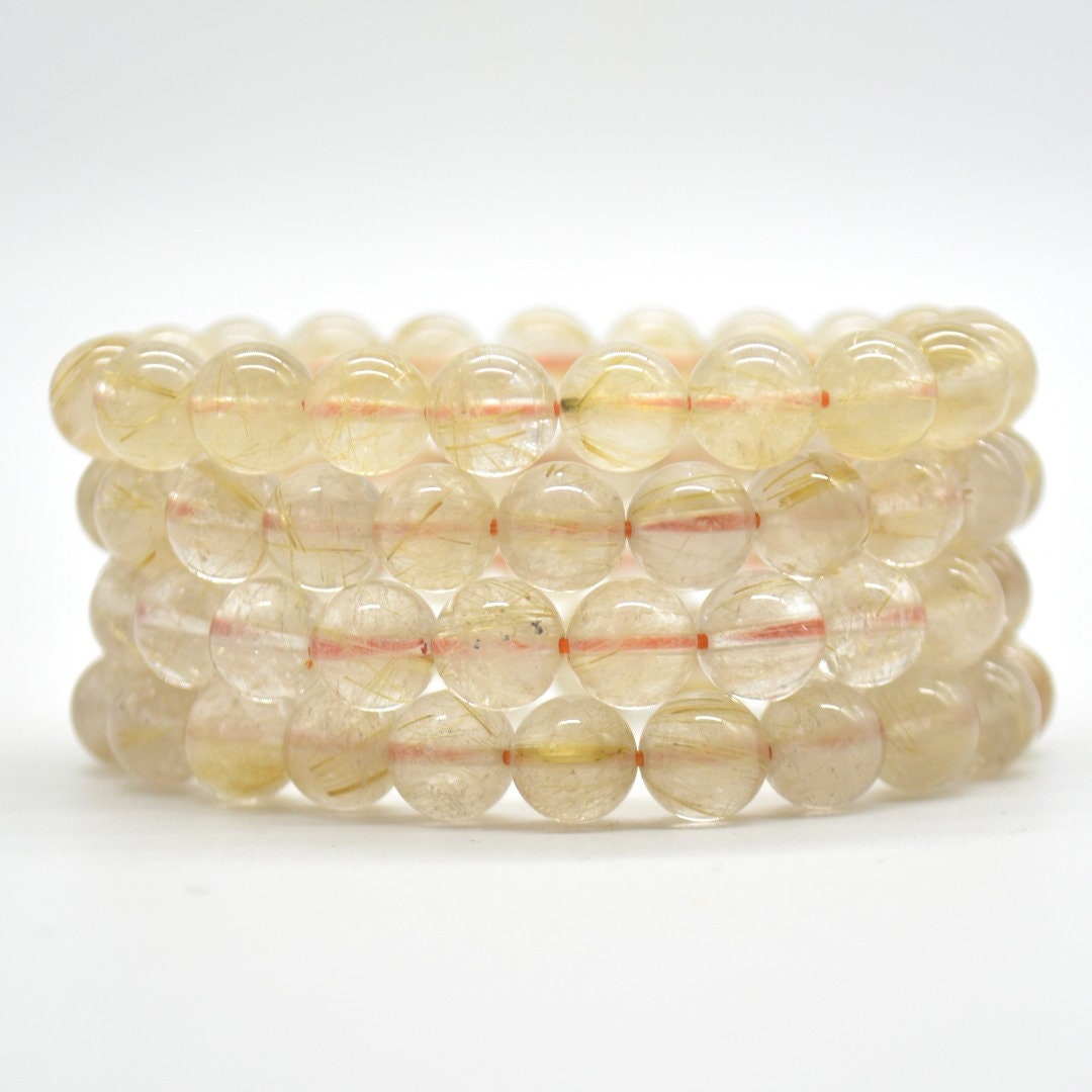 Golden Rutilated Quartz Gemstone Round Beads Bracelet Sample Strand - Grade Aa - 10mm - 7.5 Inches