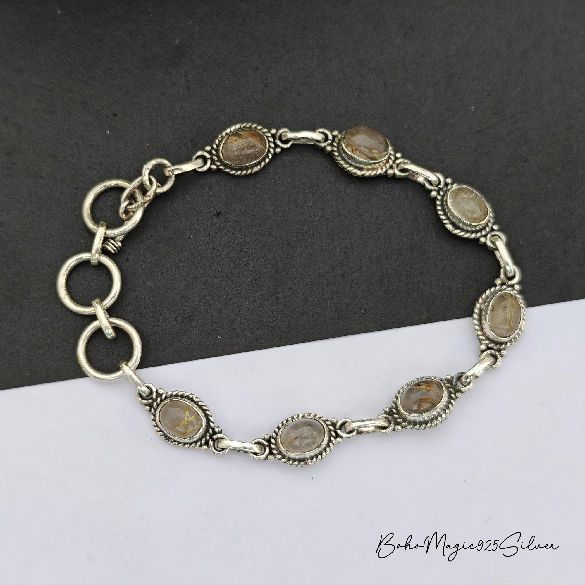 Golden Rutile Quartz Bracelet: Handmade 925 Sterling Silver Cuff