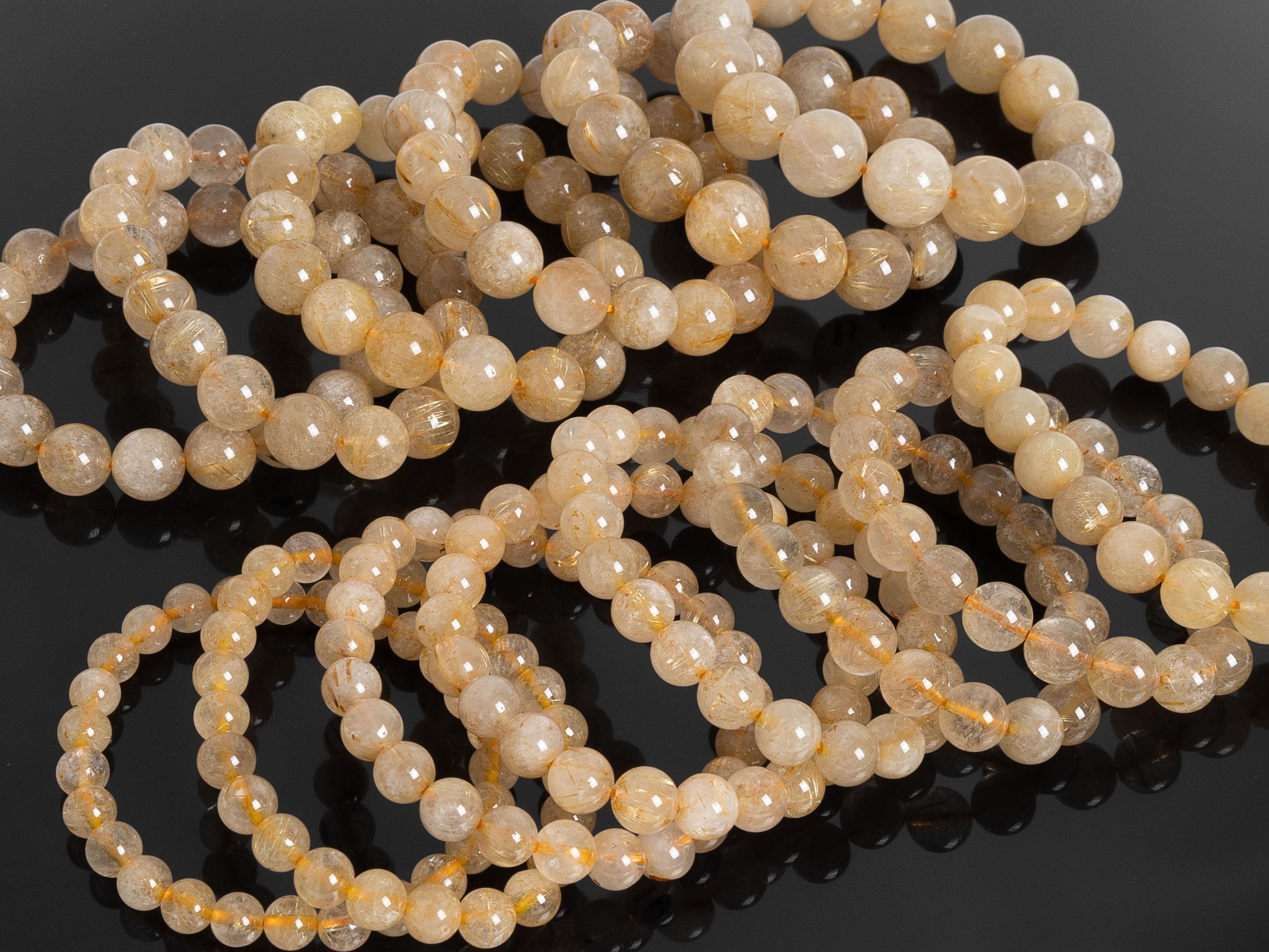 Light Gold Golden Rutile Quartz Beads Bracelet Genuine Natural Round Gemstone 7.5" Bulk Lot Options