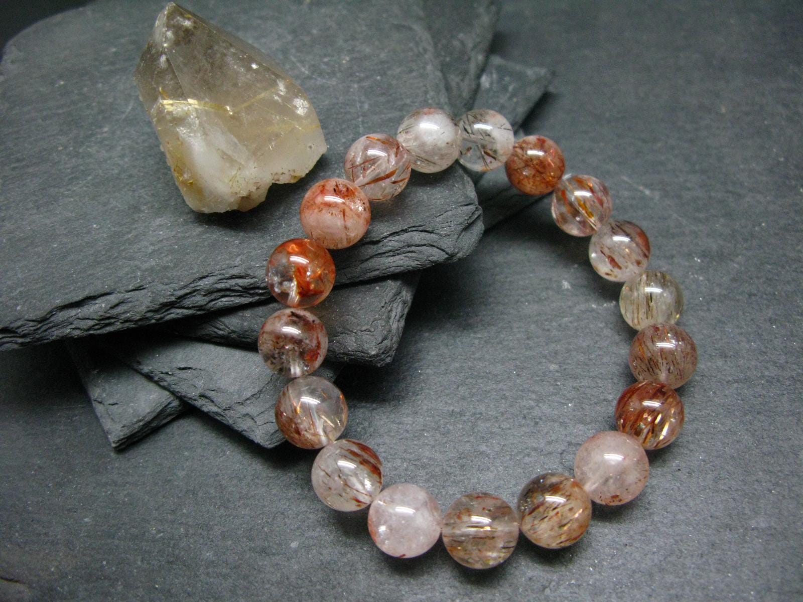 Red Rutilated Quartz Genuine Bracelet ~ 7 Inches  ~ 10mm Round Beads