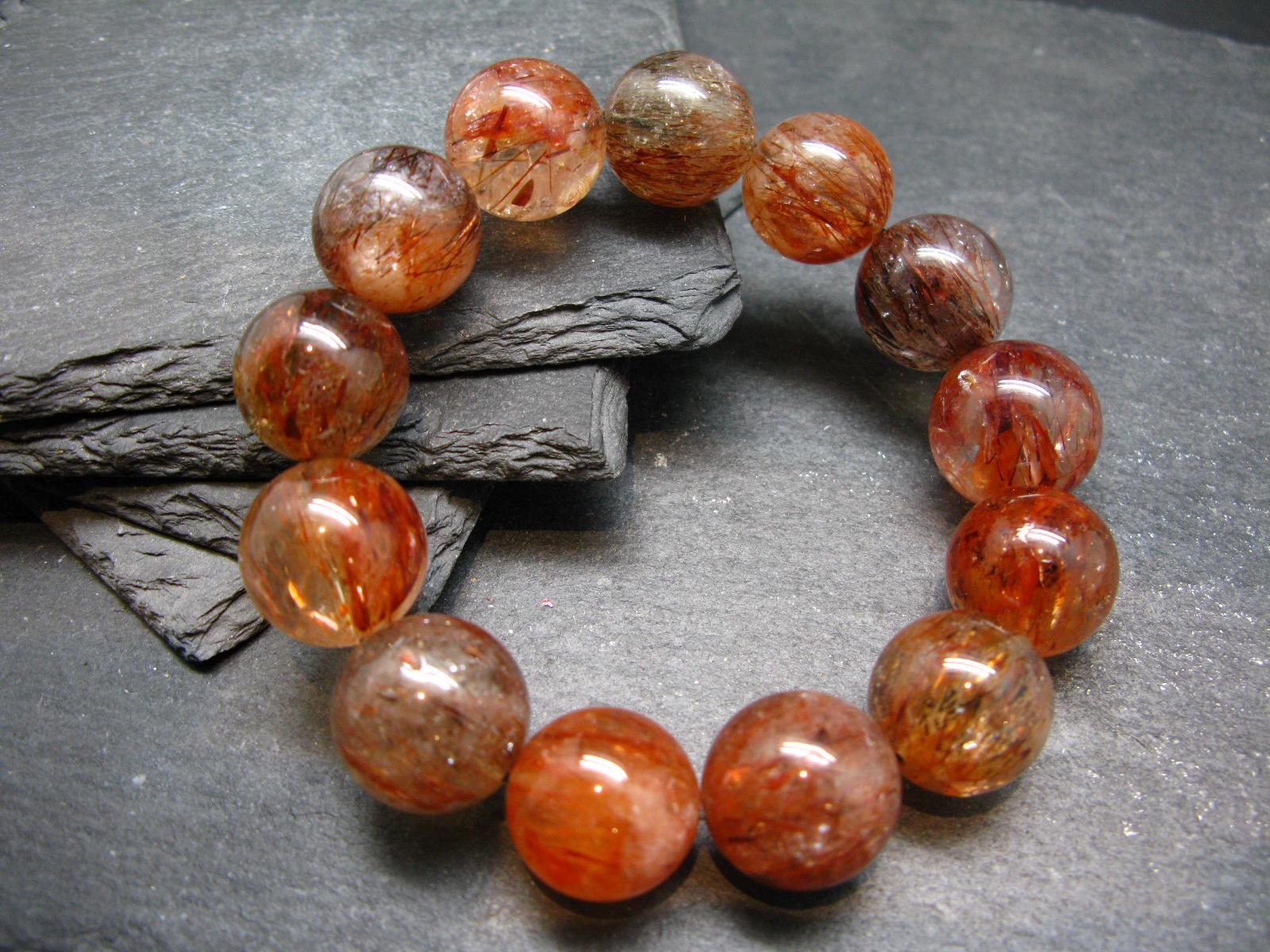 Red Rutilated Quartz Genuine Bracelet ~ 7.5 Inches  ~ 18mm Round Beads