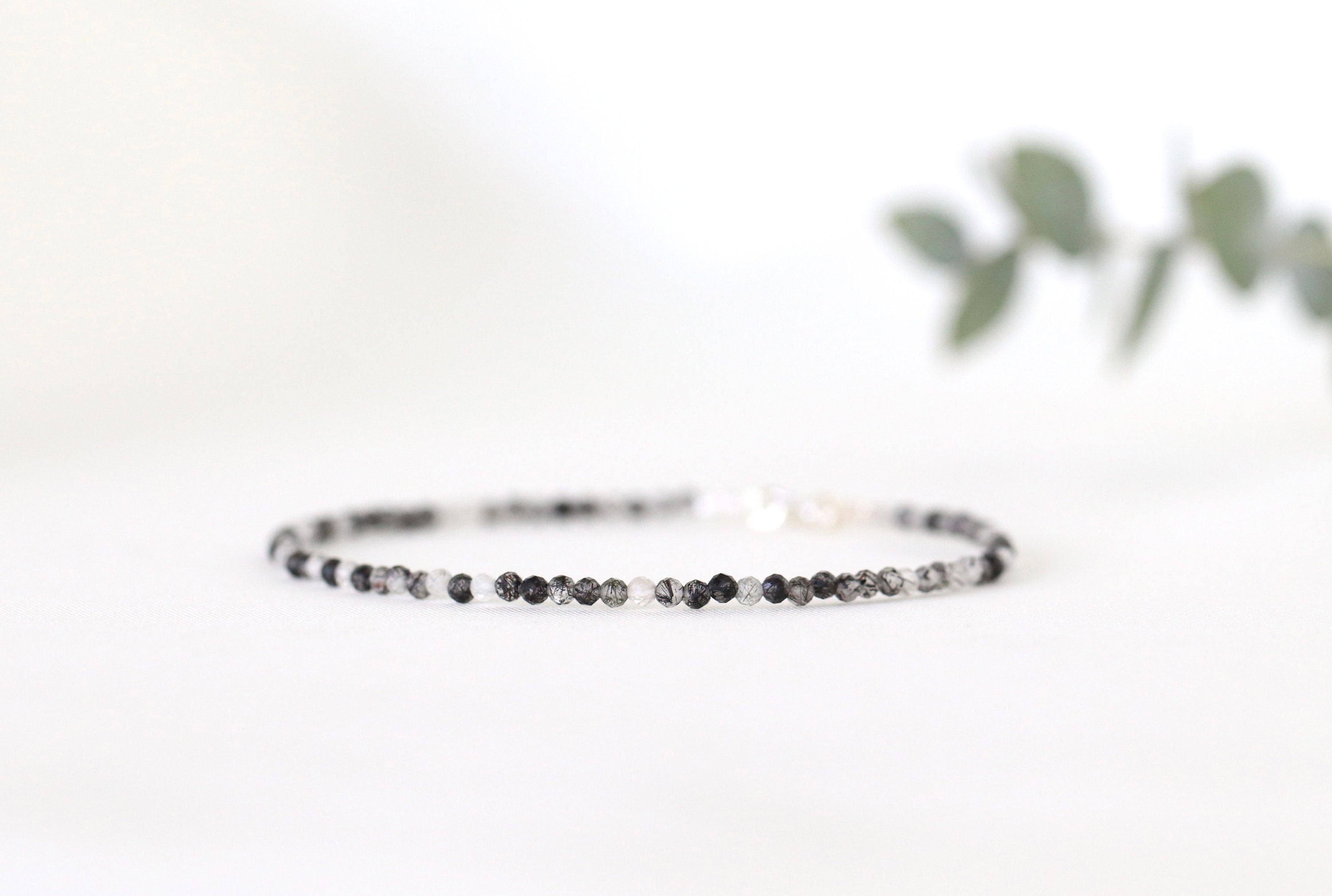 Rutilated Quartz Bracelet, Tiny Black And White Gemstone Bracelet, 2mm Bead, Delicate Rutile Quartz Jewelry,  Quartz Crystal Jewelry