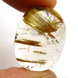 19.265 Carats Rutilated Quartz Cabochon Golden Star Flax Strands Rutile 3d Oval Hand Cut Clear Crystal Inclusion Domed One Of A Kind Rare