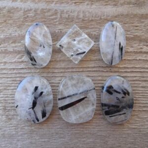 Black Clear Rutilated Quartz Cabochon Stone, Oval And Square Gemstone Cabochon Mix, Polished Gem For Jewelry Making