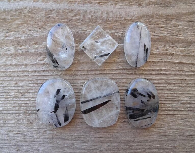 Black Clear Rutilated Quartz Cabochon Stone, Oval And Square Gemstone Cabochon Mix, Polished Gem For Jewelry Making