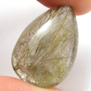 Rutilated Quartz Cabochon Golden Flax Strands Rutile 3d Drop Free Form Hand Cut Shape Clear Crystal Inclusion Domed Rare And Unusual