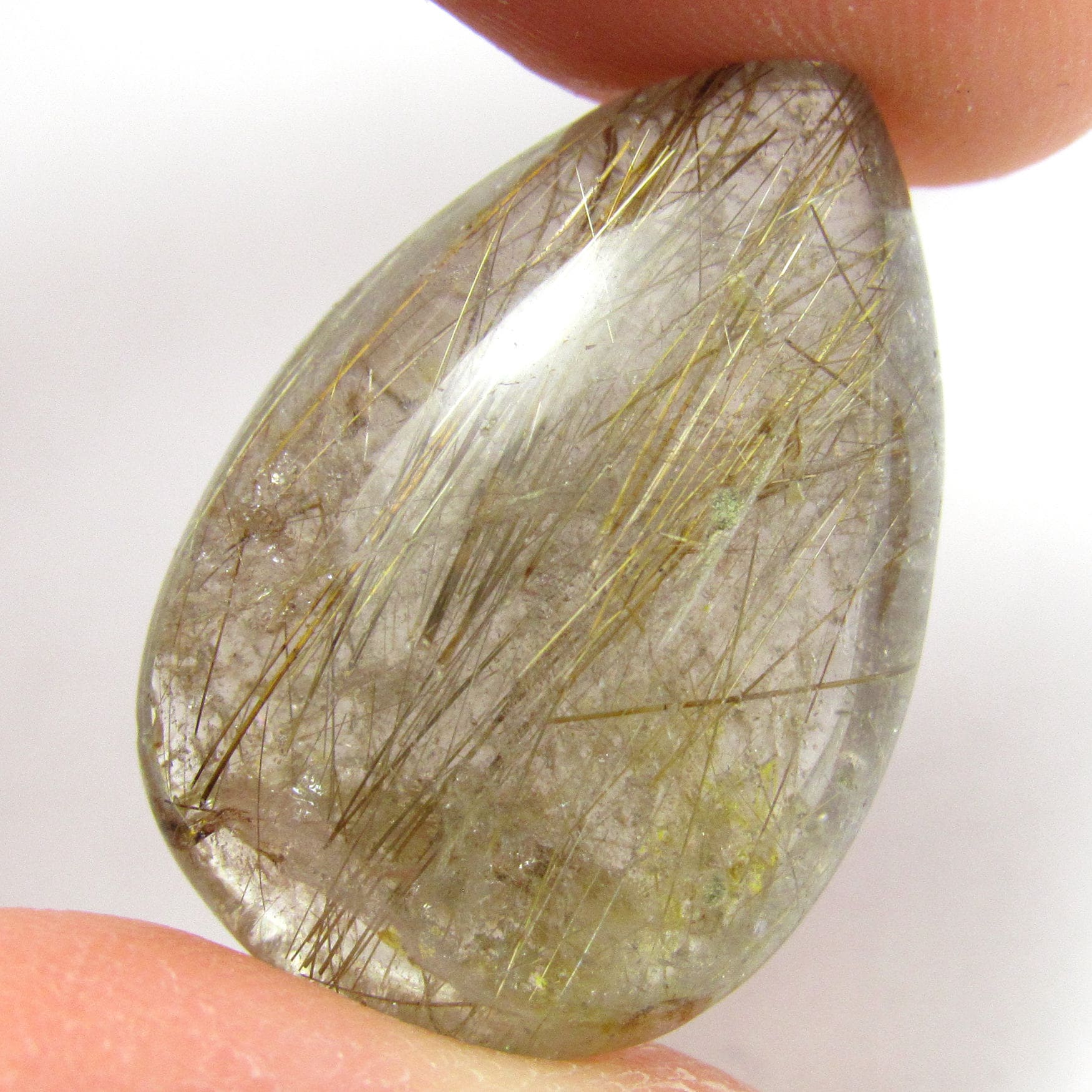 Rutilated Quartz Cabochon Golden Flax Strands Rutile 3d Drop Free Form Hand Cut Shape Clear Crystal Inclusion Domed Rare And Unusual