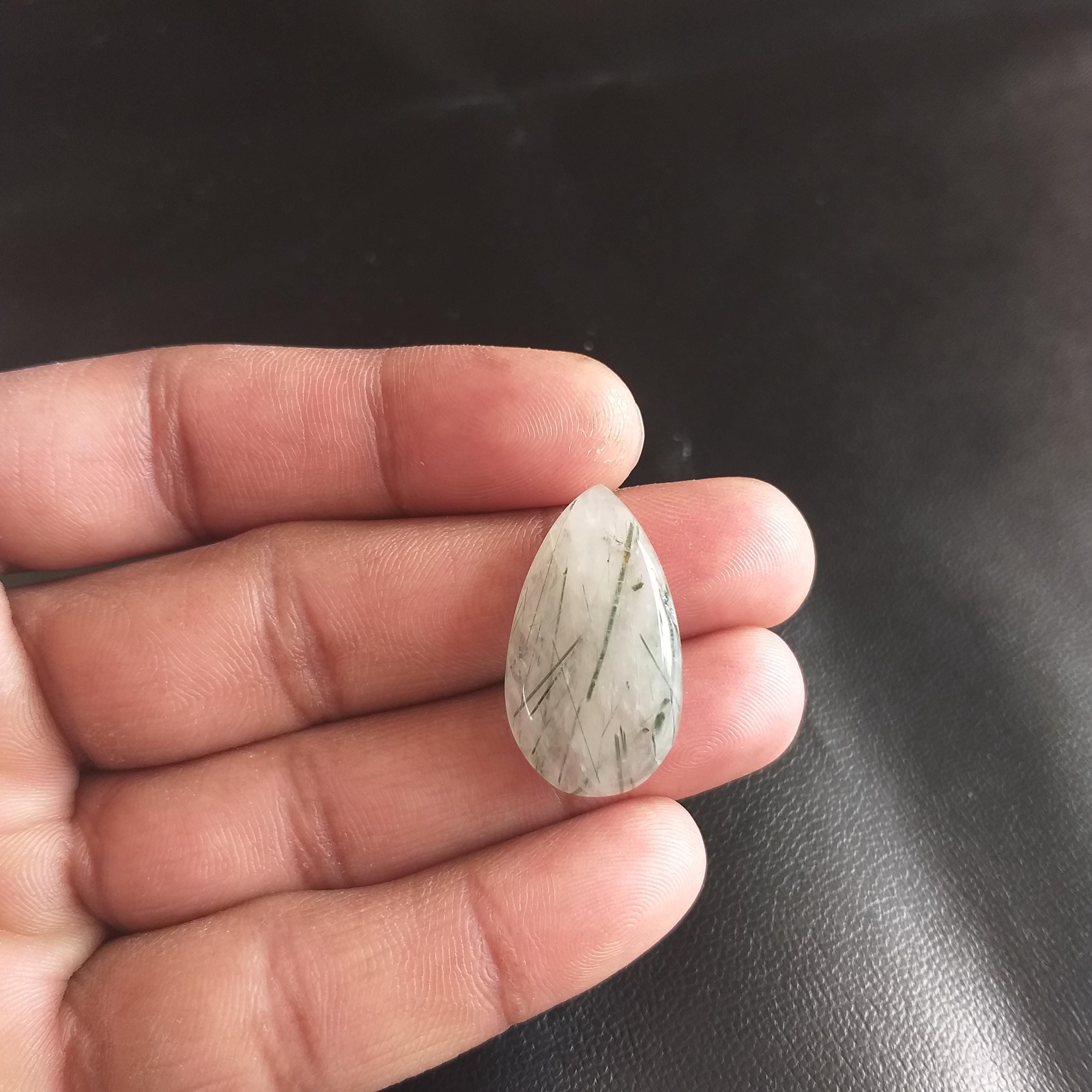 Green Rutile Quartz Cabochon: Pear Shape, 22 Carat Gemstone (28x16x6 Mm