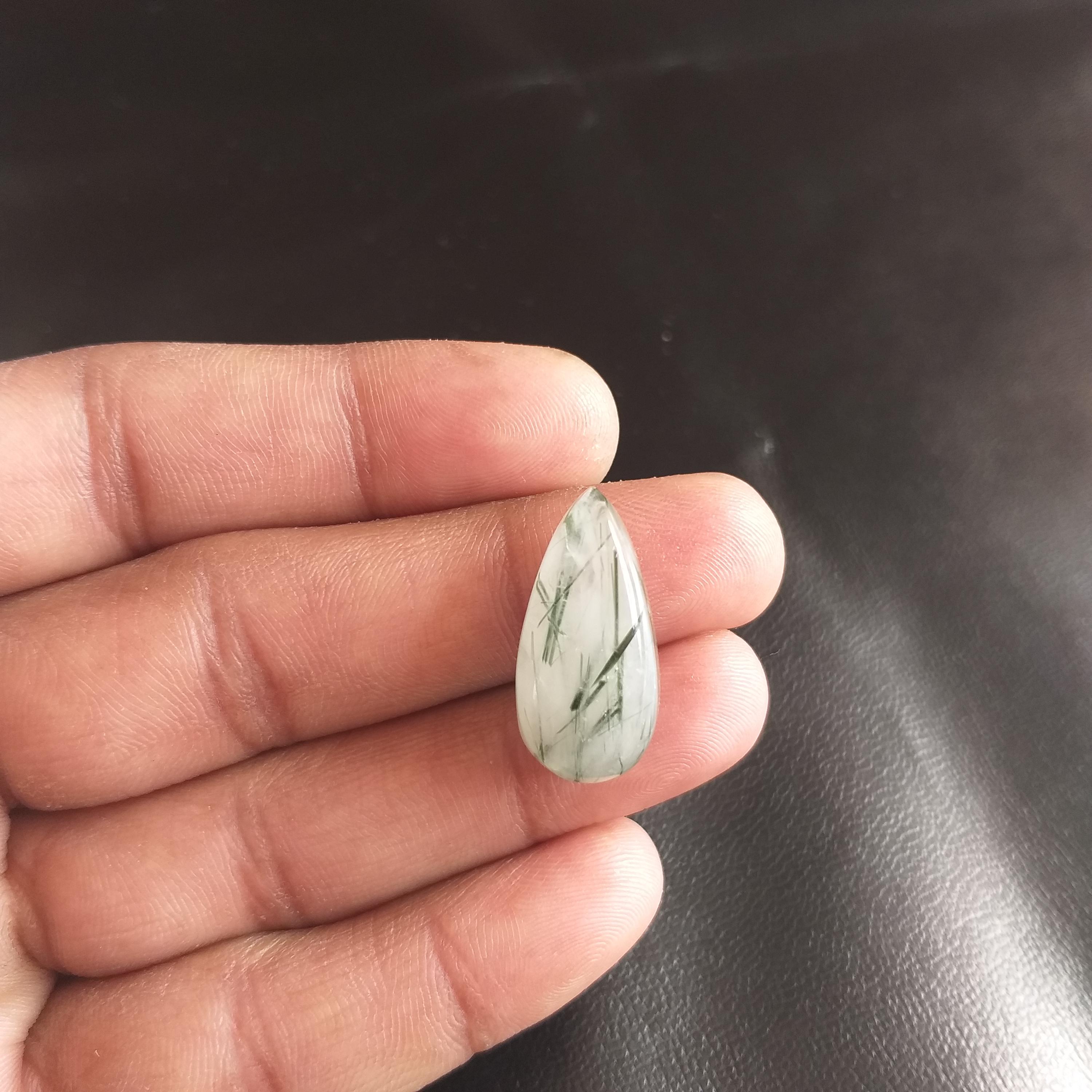 Green Rutile Quartz Cabochon: Pear Shape, 21 Carat Gemstone (25x12x8 Mm