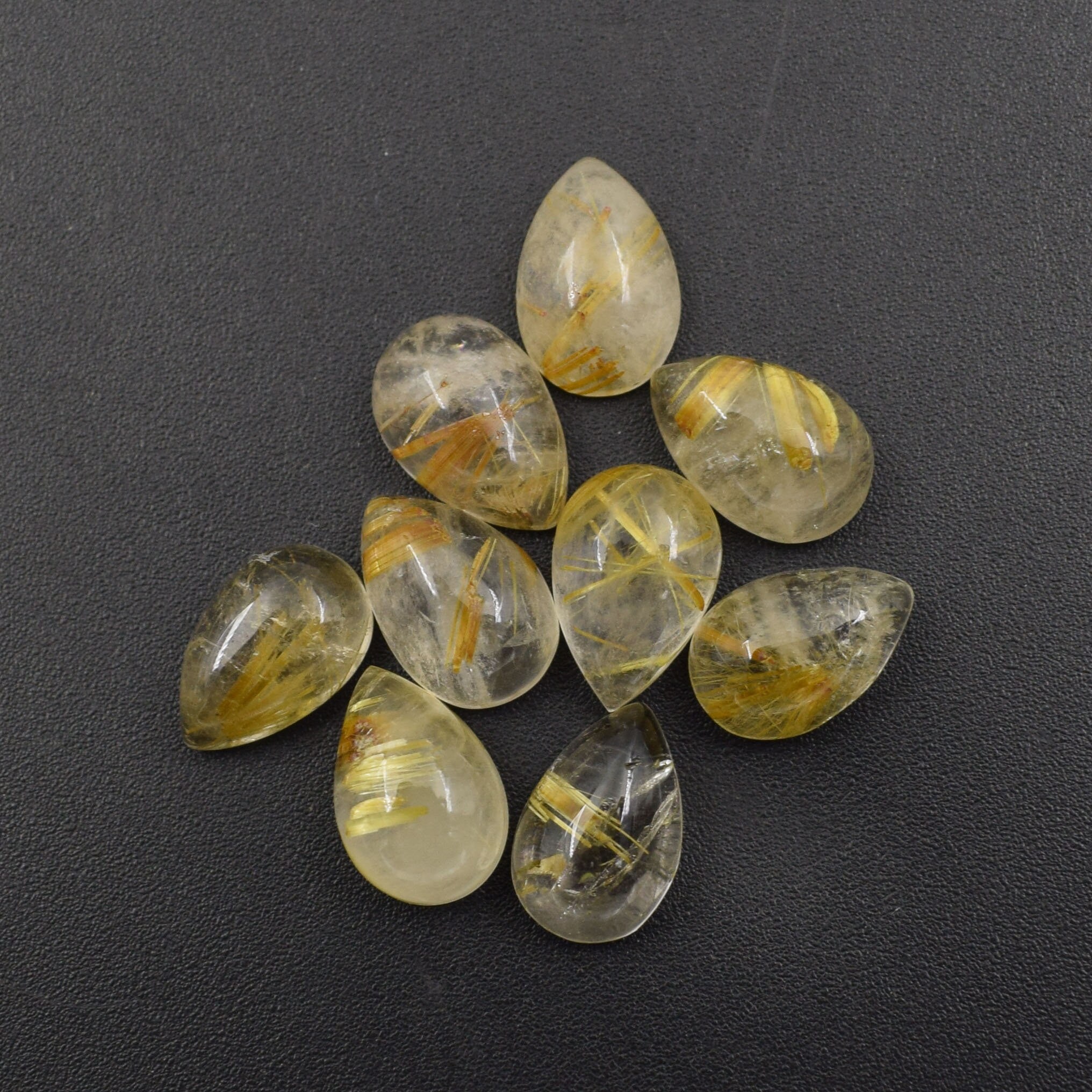 Aaa+ Golden Rutile Quartz Pear Shape Cabochon Polished Flat Back Calibrated Wholesale Gemstone Lot For Jewelry Making All Sizes Available