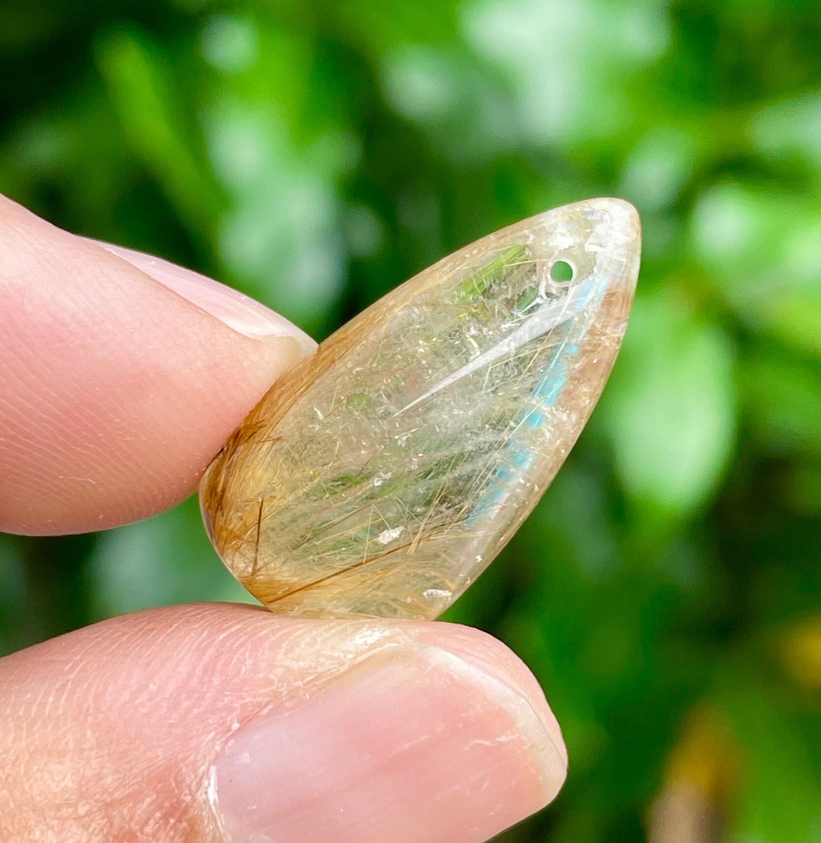 Rutilated Quartz Pendant: Gold Rutile Crystal Cabochon (22x12mm) 3.7g