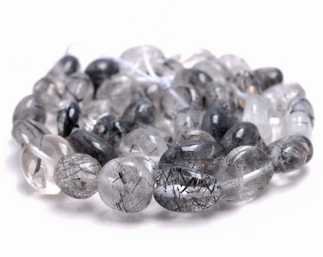 10-12mm Black Rutilated Quartz Gemstone Pebble Nugget Granule Loose Beads 15.5 Inch Full Strand (80001914-a28)
