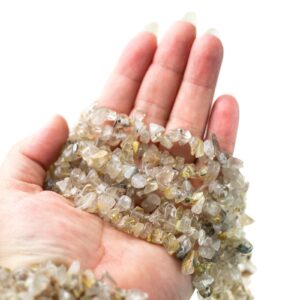 30" Gold Rutilated Quartz Crystal Chip Beads 6mm - 8mm - Double Length Strand Gemstone Beads