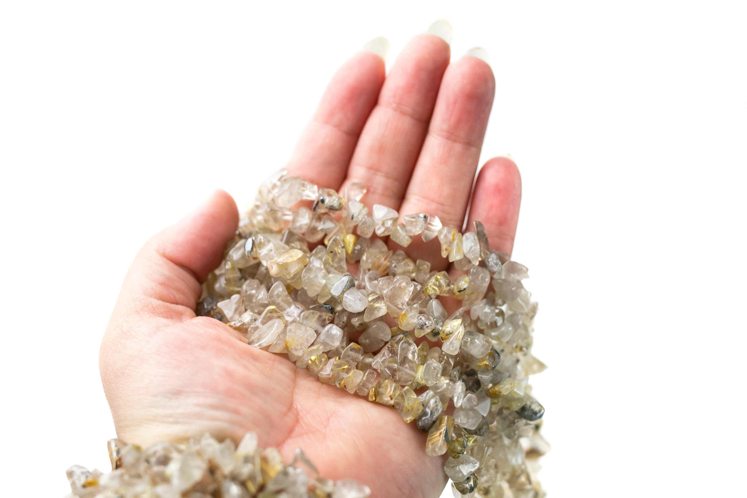 30" Gold Rutilated Quartz Crystal Chip Beads 6mm - 8mm - Double Length Strand Gemstone Beads