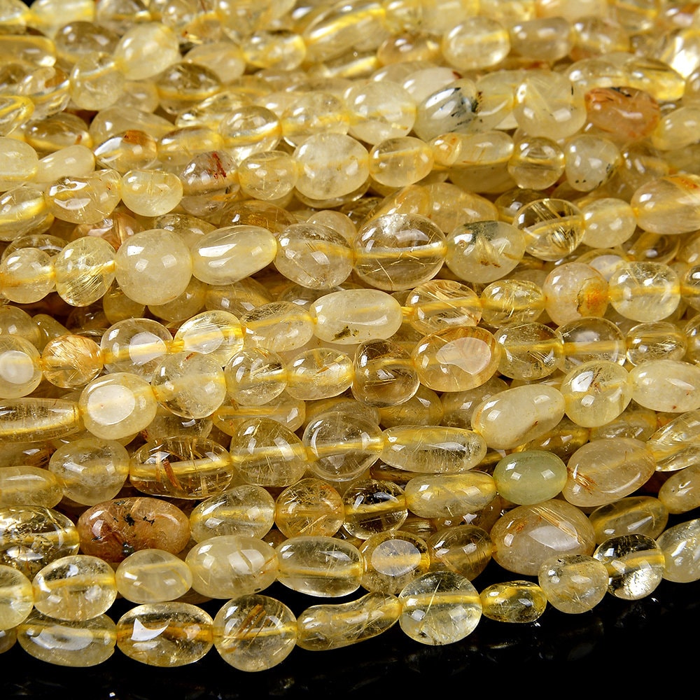 6-8mm Natural Golden Rutilated Quartz Gemstone Pebble Nugget Loose Beads (d183)