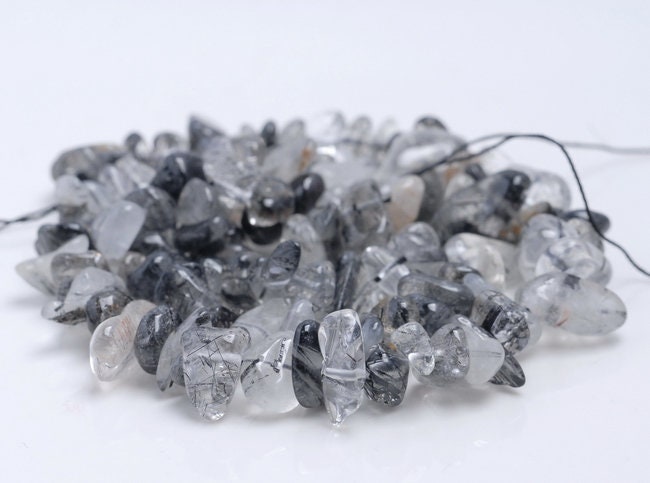 7-8mm Black Rutilated Quartz Gemstone Pebble Nugget Chip Loose Beads 7.5 Inch (80001875 H-a14)