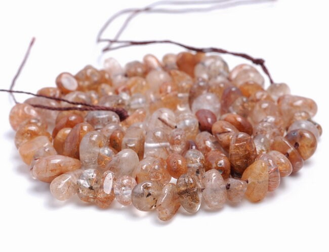 7-9mm Bronze Rutilated Quartz Gemstone Pebble Chip Loose Beads 15.5 Inch (80002128-a7)