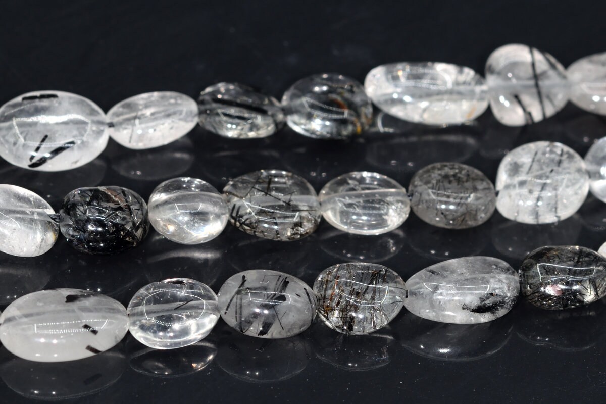 8-10mm Black Rutilated Quartz Beads Pebble Nugget Grade A Genuine Natural Gemstone Loose Beads 15.5" /7.5" Bulk Lot Options (108551)