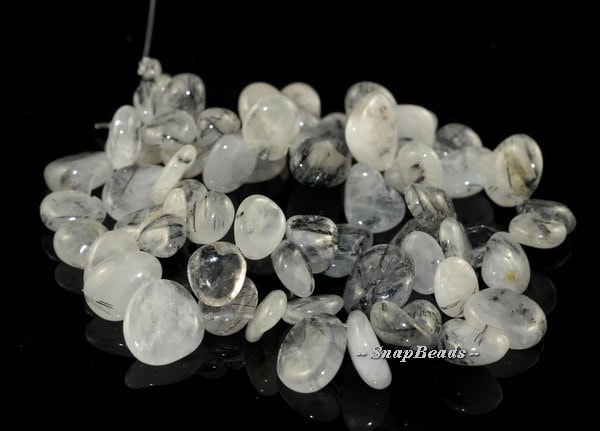 Acicular Black Rutile Quartz Gemstones, Inclusions, Slice River Pebble 15x10mm -8x6mm Loose Beads 8 Inch Half Strand (90108542-106)