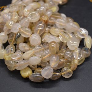 Golden Rutilated Quartz Gemstone Pebble Tumblestone Nugget Beads - 7mm-10mm - 15" strand