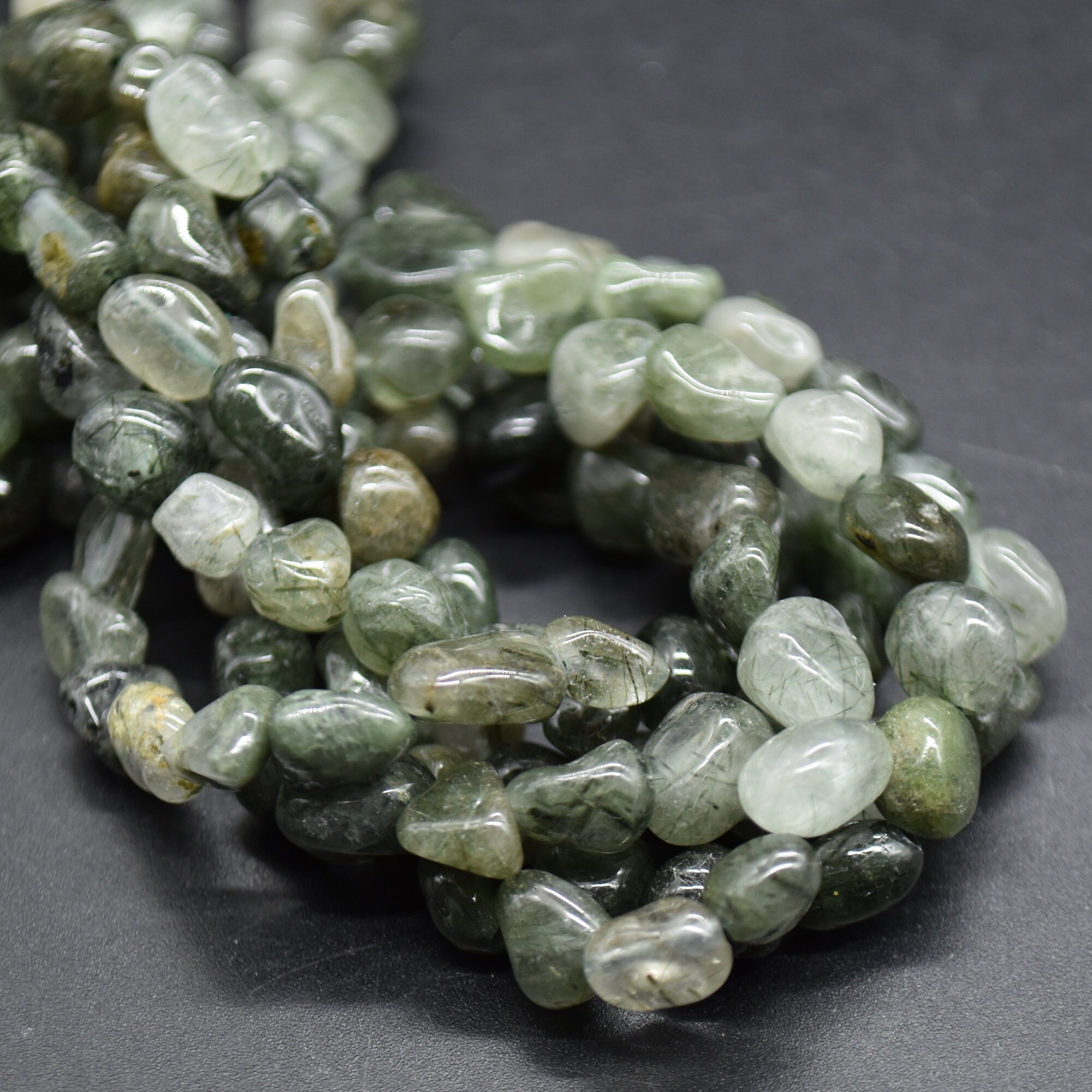 Green Rutilated Quartz Gemstone Tumblestone Nugget Pebble Beads - 5mm - 8mm - 15" Strand