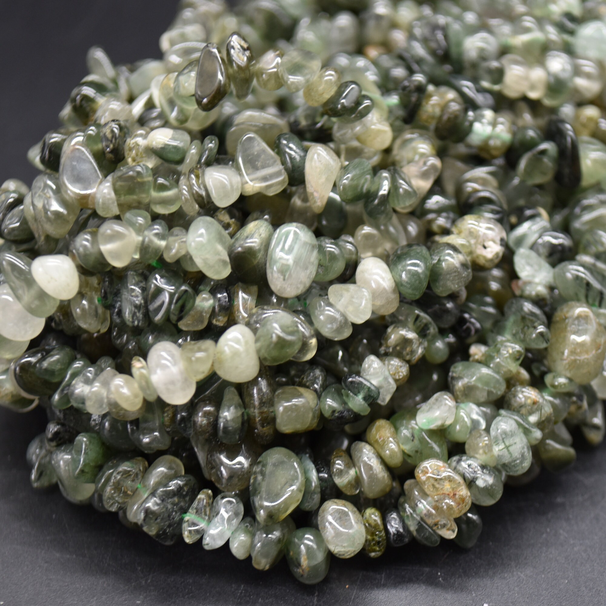 Green Rutilated Quartz Gemstone Chips Nuggets Beads - 5mm - 8mm, 32" Strand