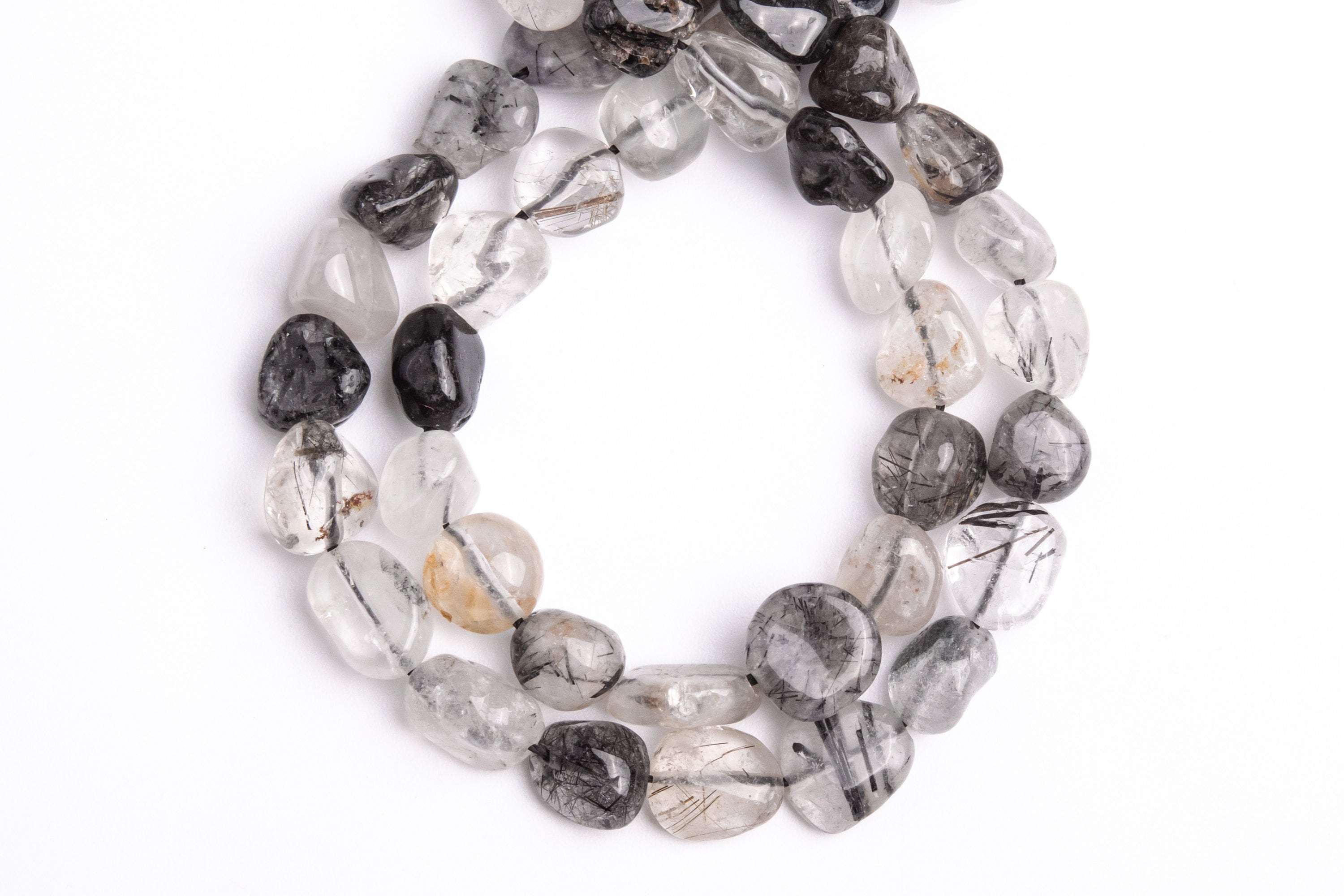 Natural Black Rutilated Quartz Gemstone Grade A Pebble Nugget 8-10mm Loose Beads