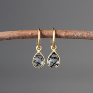 Rutilated Quartz And Gold Earrings - Black And Gold Earrings - Gold Post Hoops - Gold Charm Earrings