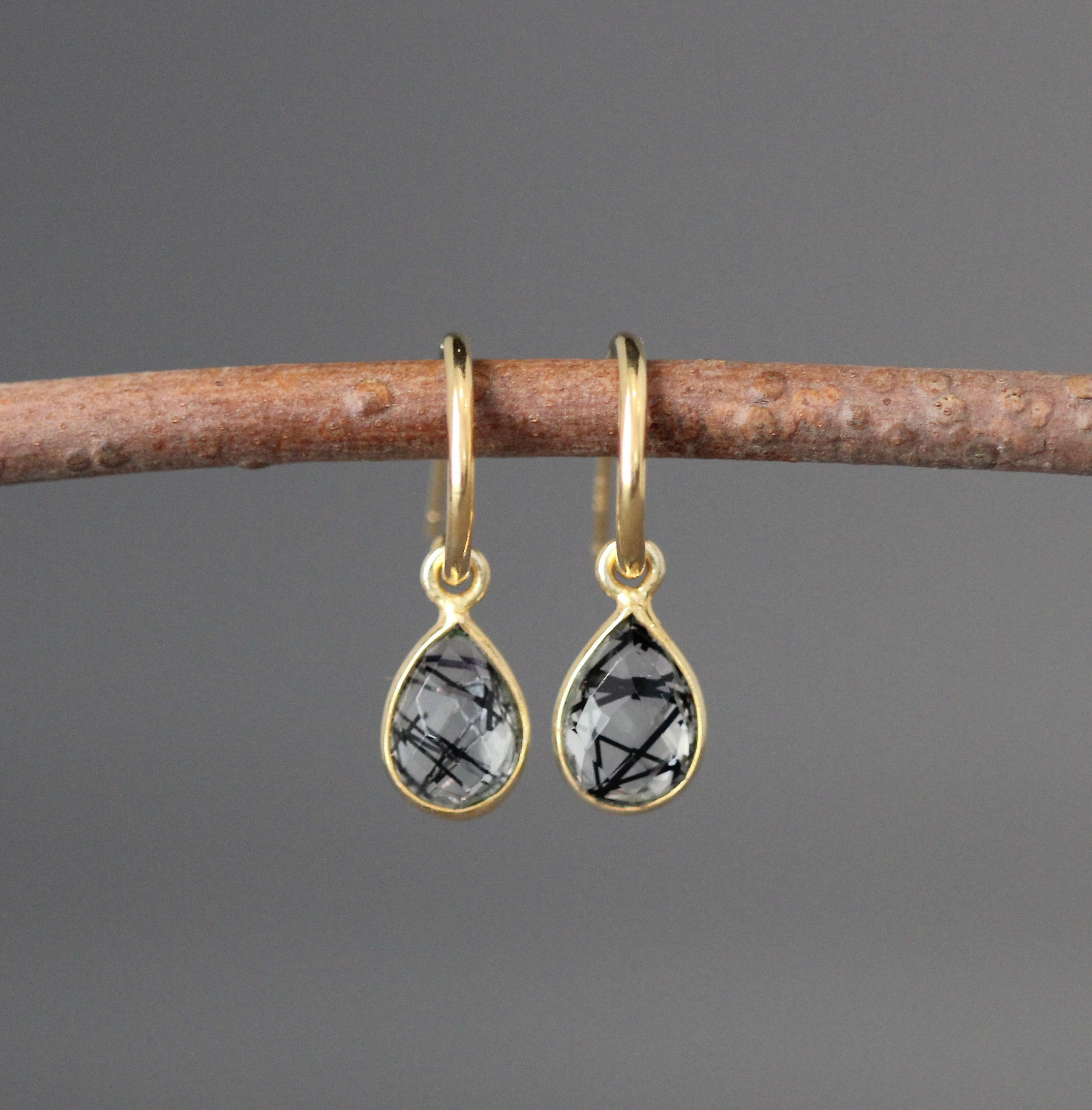 Rutilated Quartz And Gold Earrings - Black And Gold Earrings - Gold Post Hoops - Gold Charm Earrings
