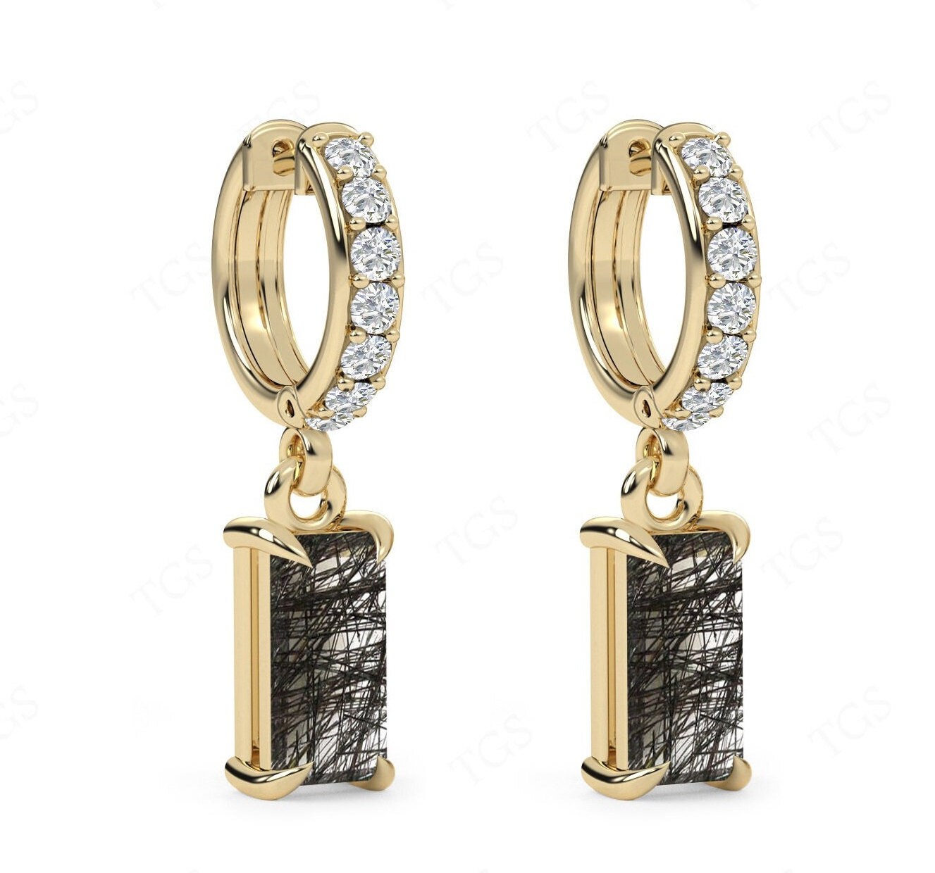 Art Deco Black Rutile Quartz Wedding Earrings 925 Sterling Silver Rutile Quartz Hoop Earrings For Women Unique Moissanite Hoop Earrings