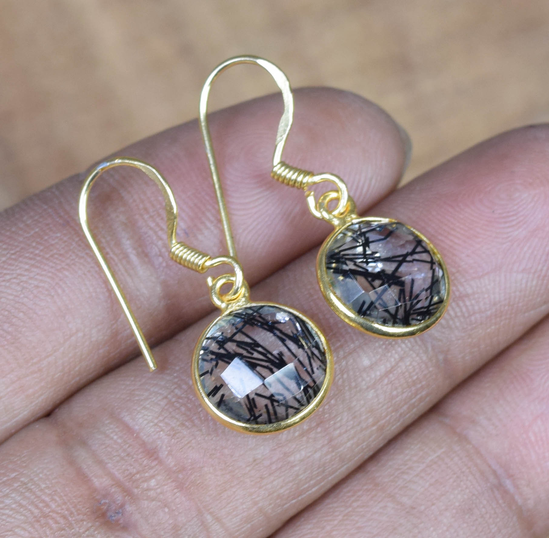 Black Rutilated Quartz Earrings: 18k Gold Sterling Silver Handmade Jewelry